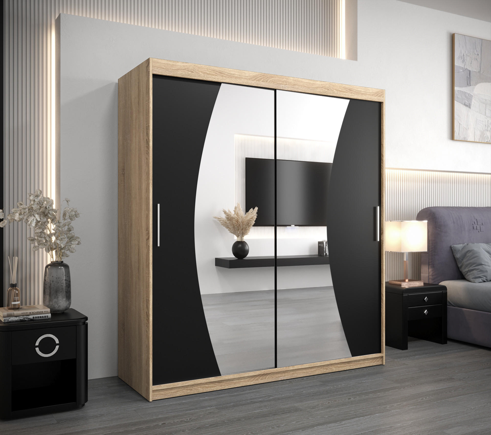 SCHWEBETÜRENSCHRANK 200/180/62 2-türig - Silberfarben/Schwarz, Holz/Kunststoff (180/200/62cm) - Abiks Möbel