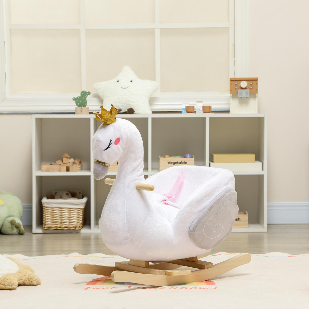 SCHAUKELTIER, Schwan-Schaukel mit Schlaflied weicher Füllung Holzrahmen Plüsch - Weiß, Textil (40/68/65cm) - AIYAPLAY