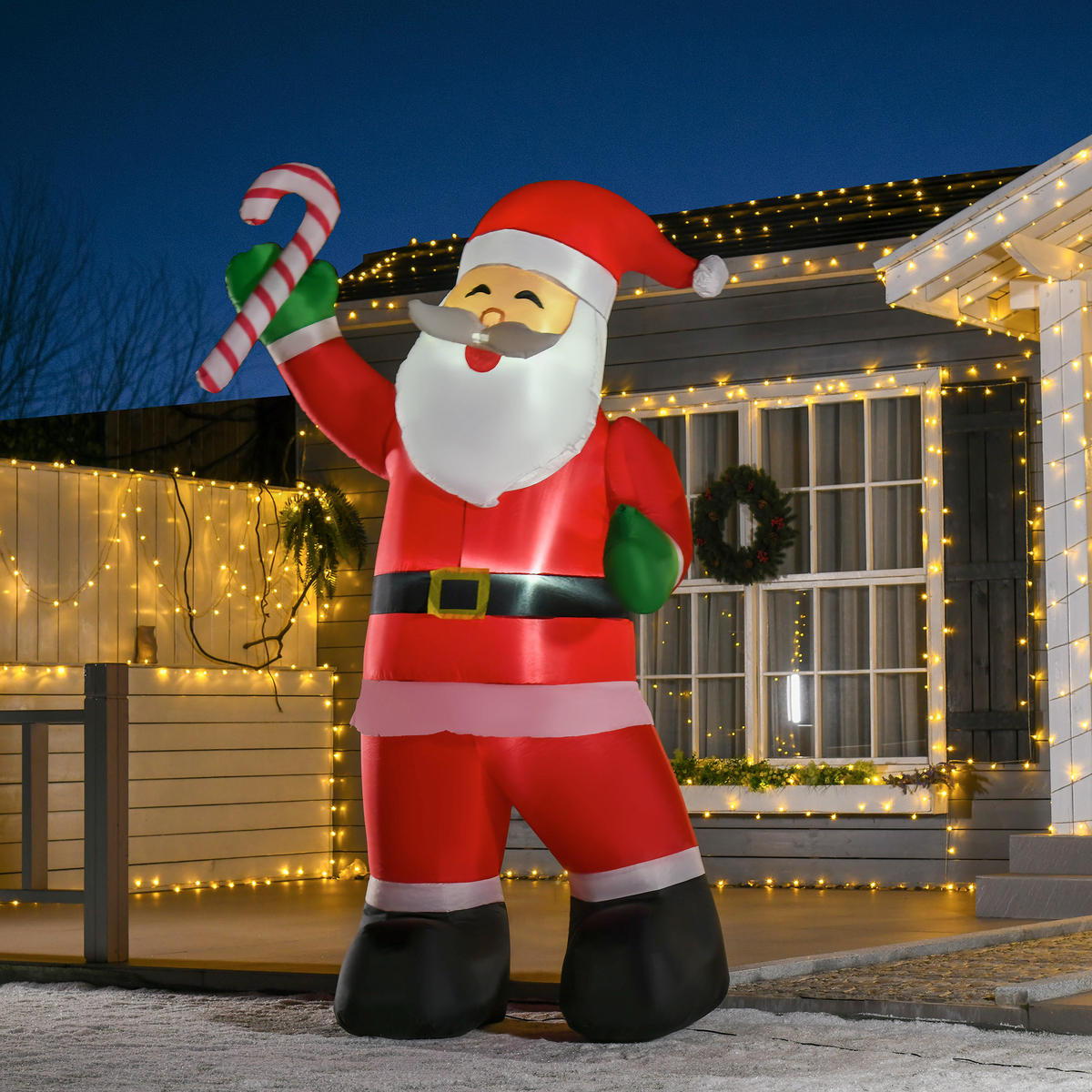 AUFBLASBARER Weihnachtsmann mit Zuckerstange 250 cm Santa Claus Geschenk LED - Multicolor, Kunststoff (85/250/140cm) - HOMCOM