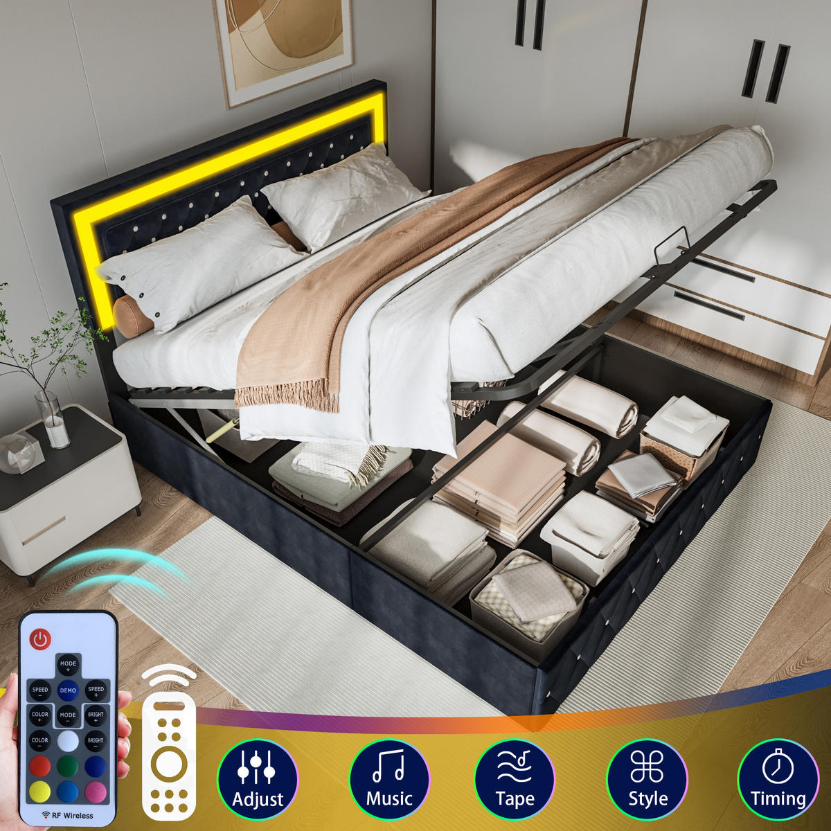 POLSTERBETT 160x200 cm Bettkasten Samt Knopfheftung schwarz - Schwarz, Holz (160/200cm) - LEBENLANG