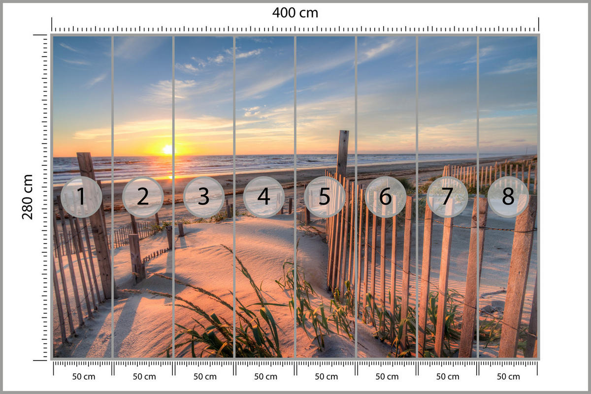 FOTOTAPETE für Wohnzimmer Sonnenaufgang Strand Meer Wellen Dünen 400x280 - Blau/Gelb, Papier (400/280cm) - Muralo