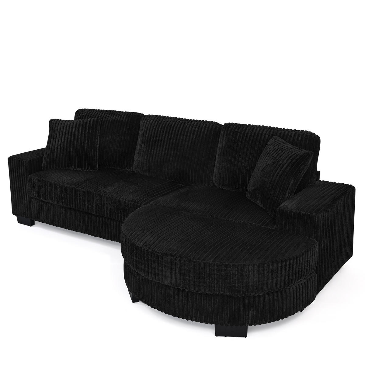 ECKSOFA 256.5/133.5/89 cm Schwarz Cord mit 2 Kissen und ovaler Fußhocker - Schwarz, Textil (133.5/89/256.5cm) - Oxeza