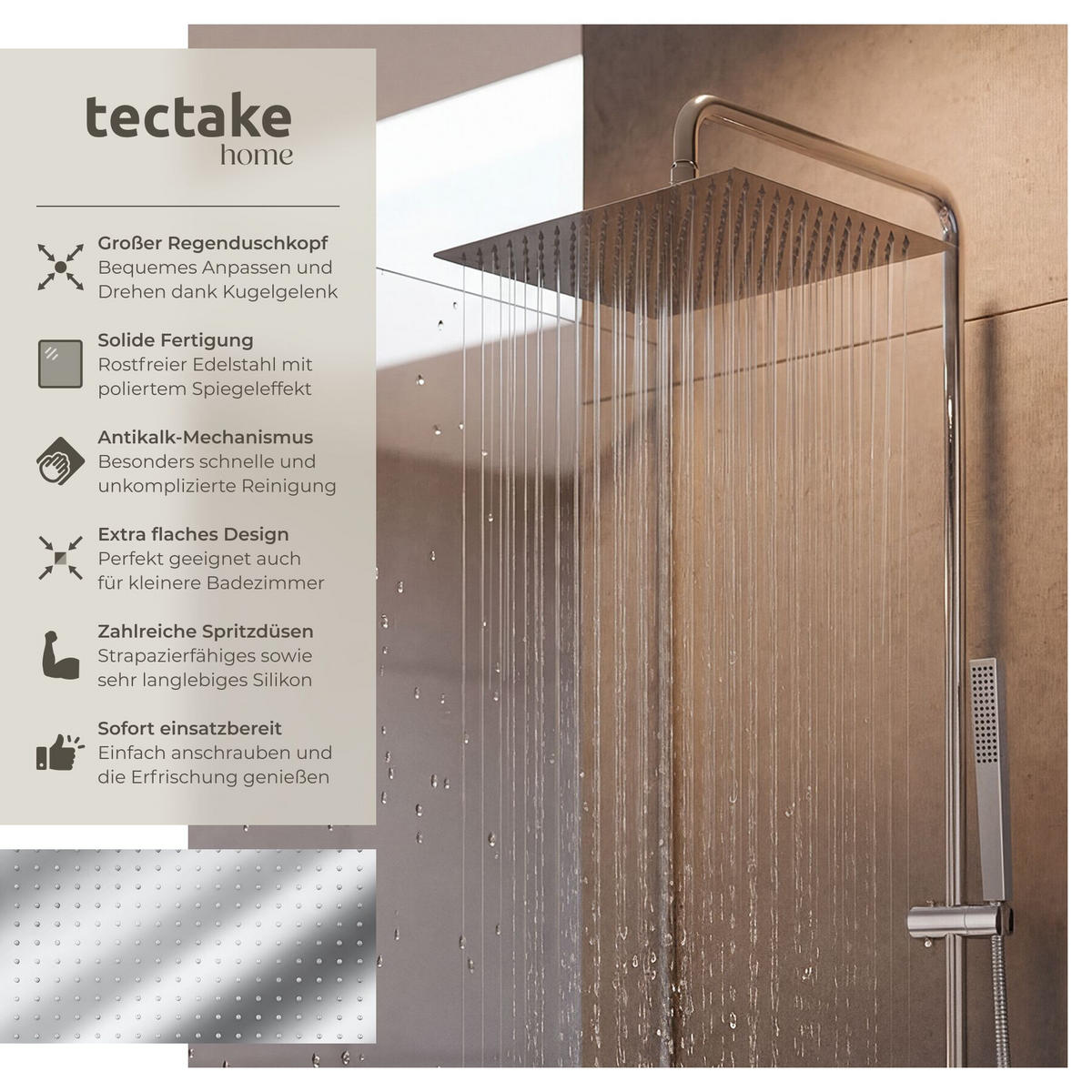 REGENDUSCHKOPF , 1/2 Zoll Gewinde, silber - Silberfarben, Metall (30/4.5/30cm) - tectake