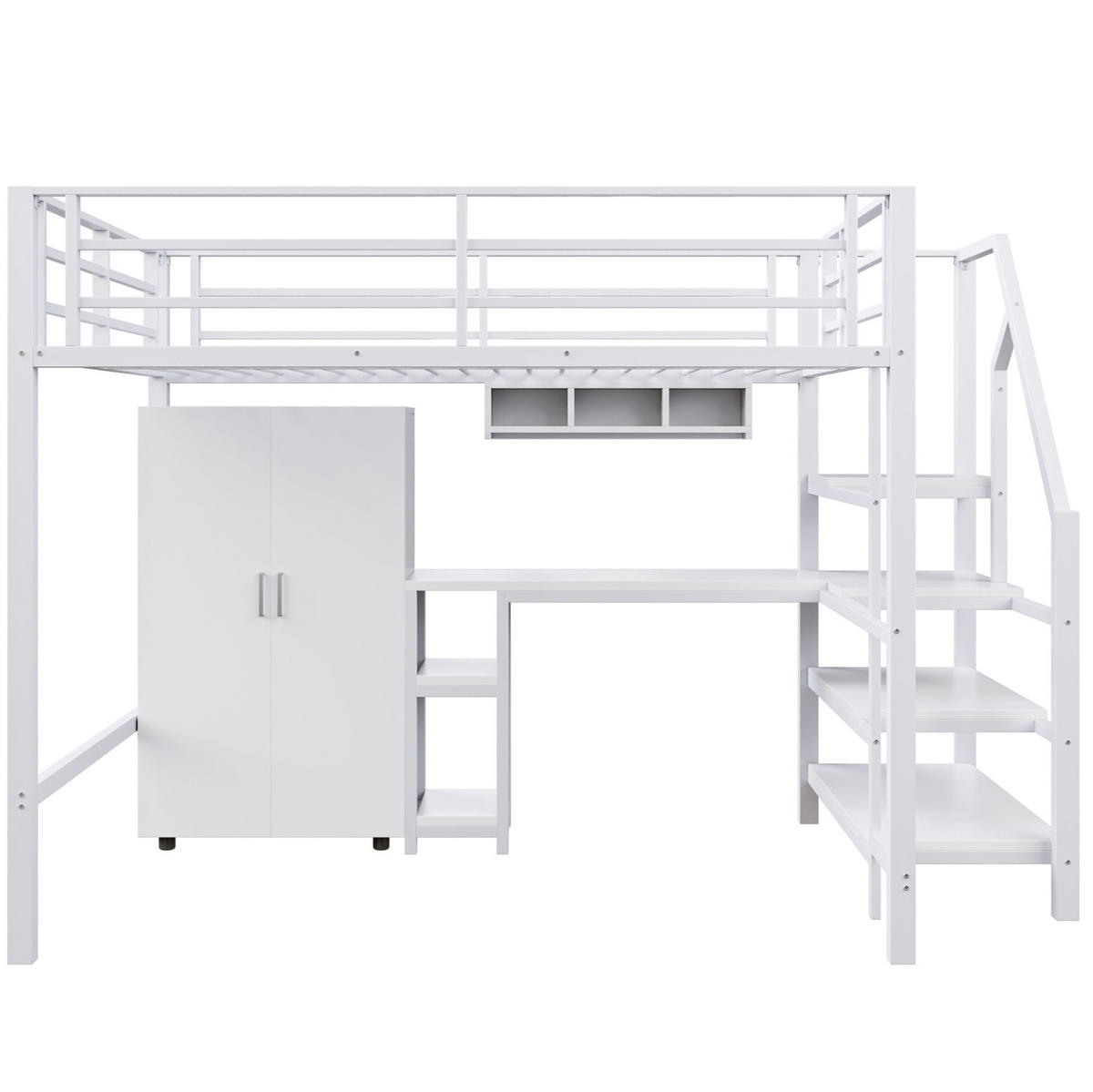 HOCHBETT 140/200 cm in Weiß – mit Schreibtisch, Kleiderschrank und Regalen - Weiß, Metall (140/200cm) - BEAOK