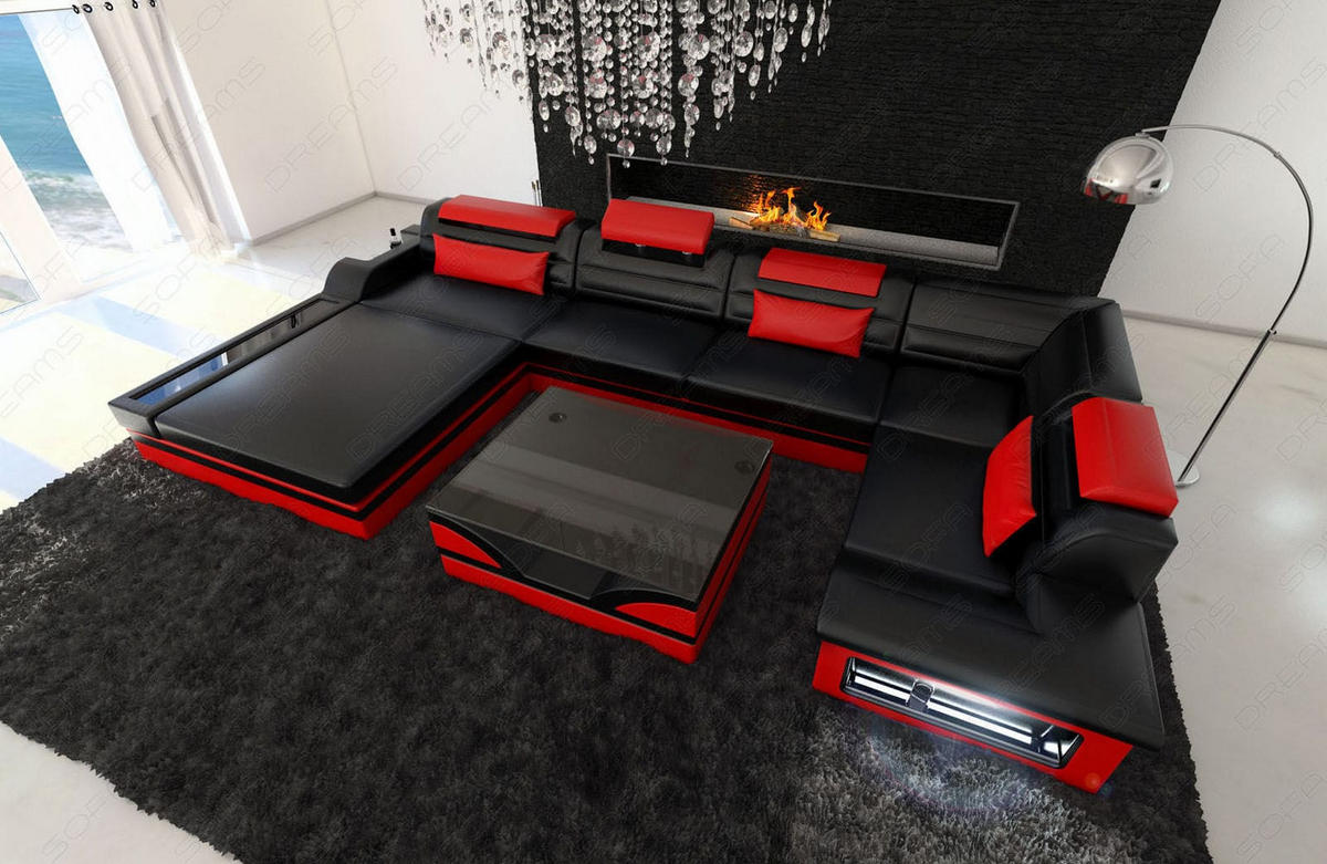 SOFA Mezzo U Schwarz Rot Echtleder - Schwarz, Leder (372/78/214cm)