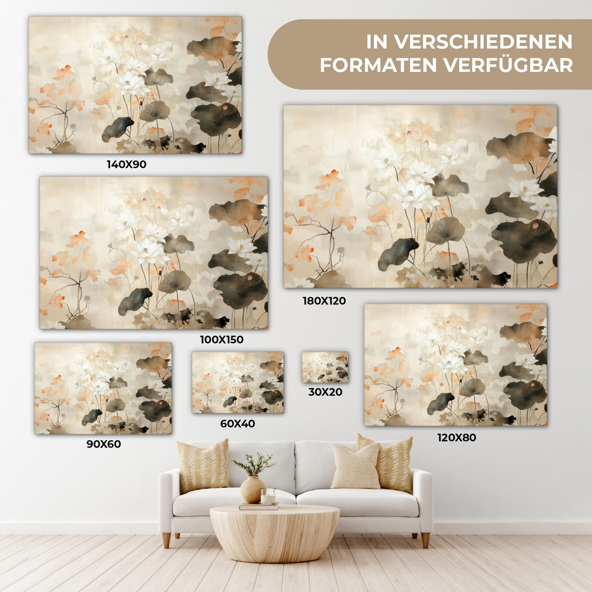 LEINWANDBILD Blumen - Japandi - Wabi sabi Groß 140x90 cm - Sandfarben, Textil (140/90cm) - MuchoWow