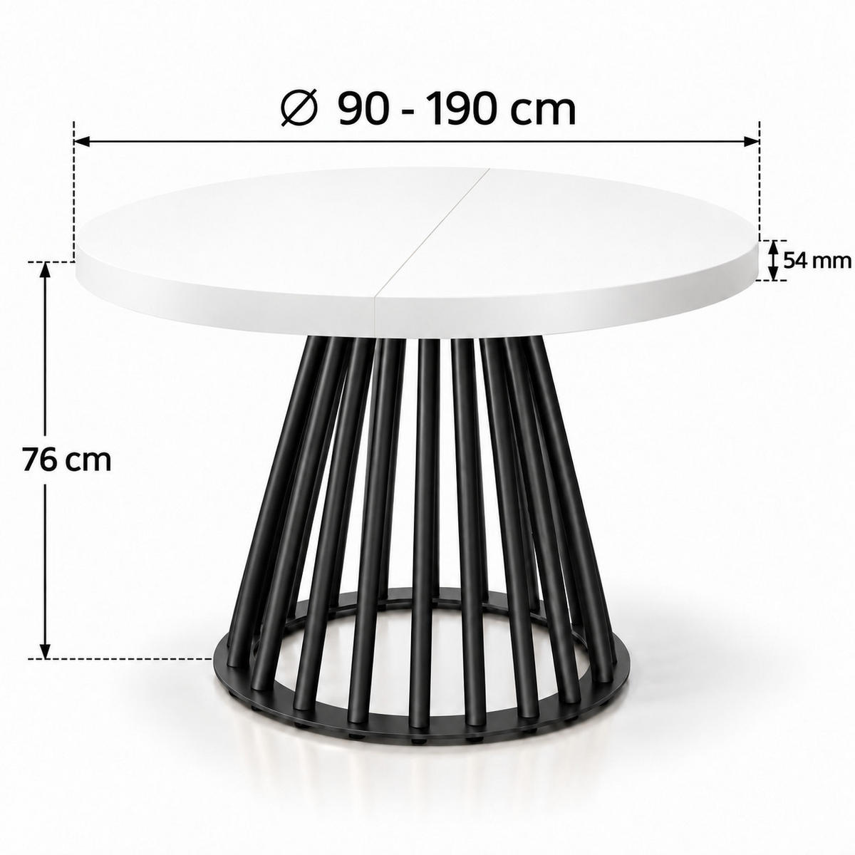ESSTISCH rund ausziehbar 90/190/76 cm, Weiß, 54 cm Tischplatte + Lamellen-Metallgestell Schwarz - Schwarz/Weiß, Holzwerkstoff/Metall (90/190/76cm) - Damale Möbel