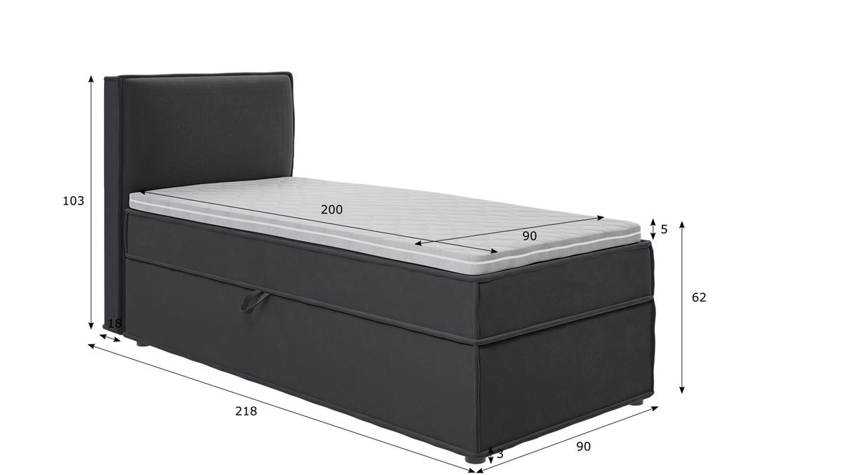 BOXBETT Eclipse 90/200 cm Graphit Luxusmicrofaser - Graphitfarben/Schwarz, Holz/Kunststoff (90/200cm) - S-Style Möbel