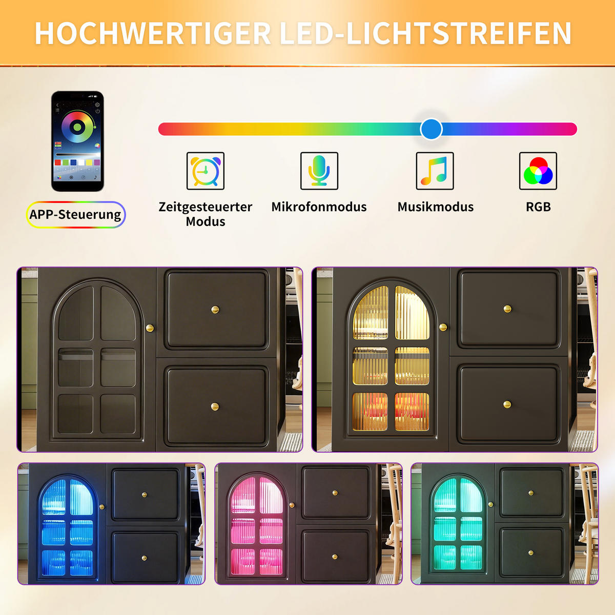 KÜCHENINSEL Ausziehbar LED Schubladen Glasvitrine Schwarz - Schwarz, Holzwerkstoff (122.5/93.5/59cm) - FLIEKS