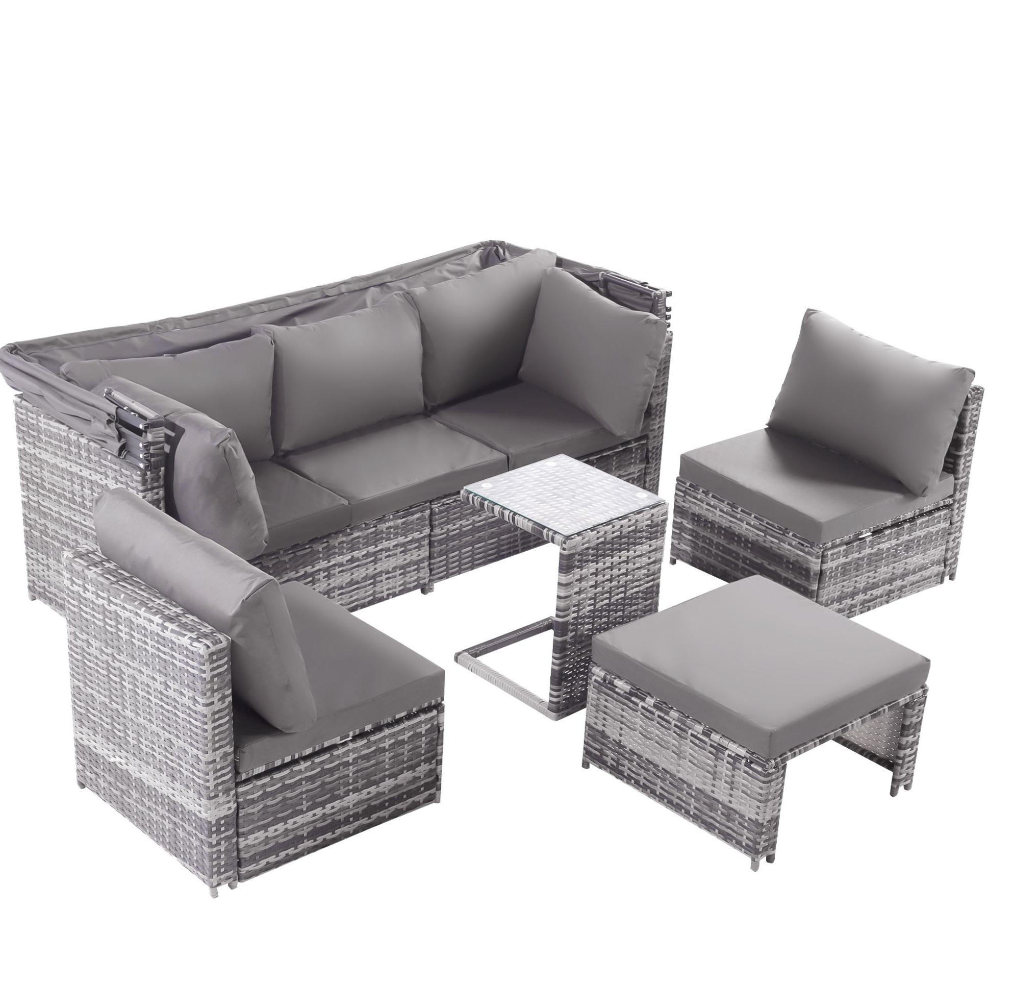 GARTENMÖBEL 194x70x157cm grau aus Rattan mit Markise - Grau, Kunststoff - Modfu