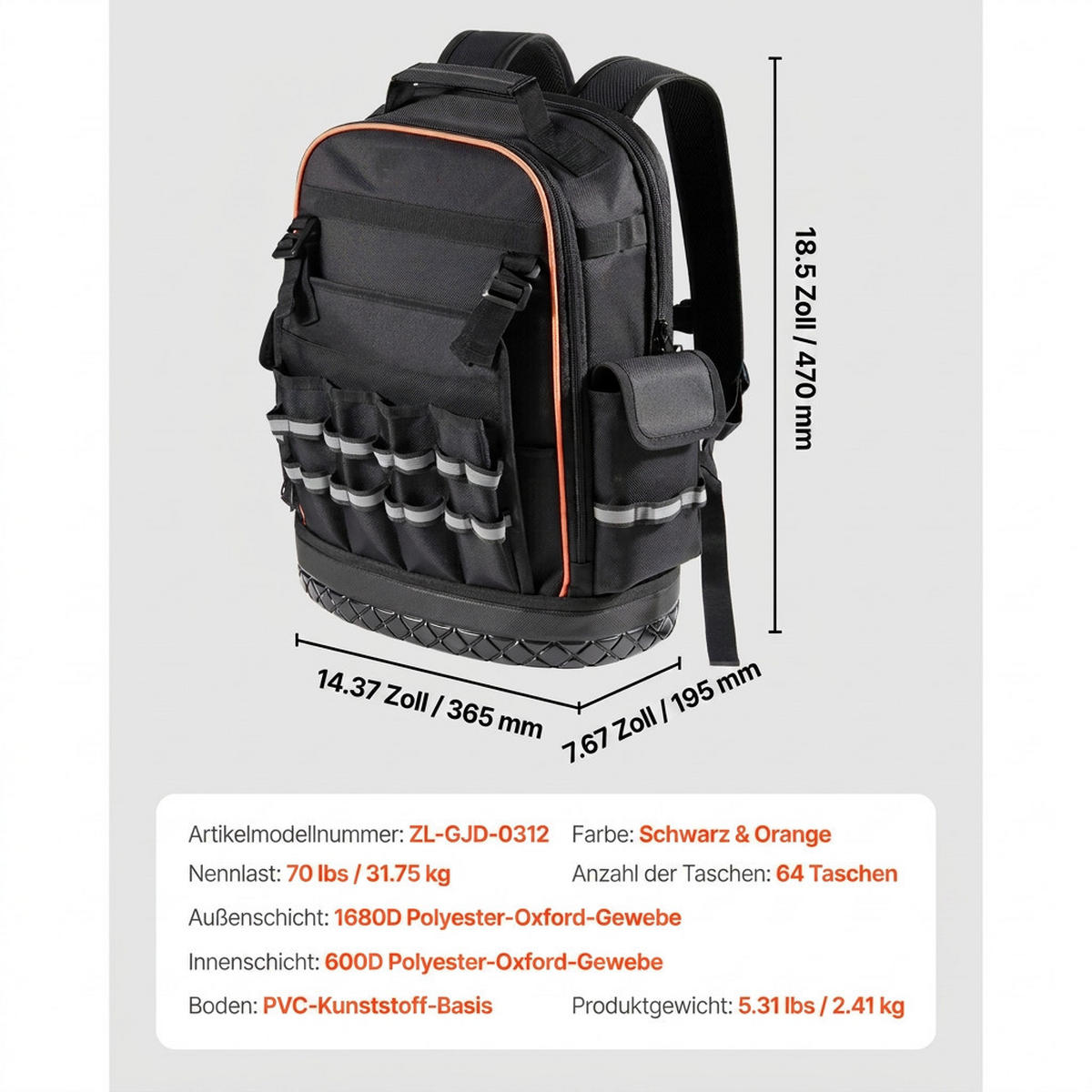 WERKZEUGTASCHE 64 Fächer Laptopfach Hartboden für Elektriker Handwerker - Schwarz, Metall (10/10/10cm) - Raelunyi