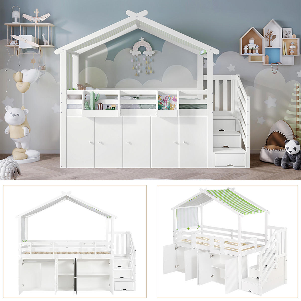 ETAGENBETT 90x200 cm Schrank Treppe weiß - Weiß, Holz (90/200cm) - LEBENLANG