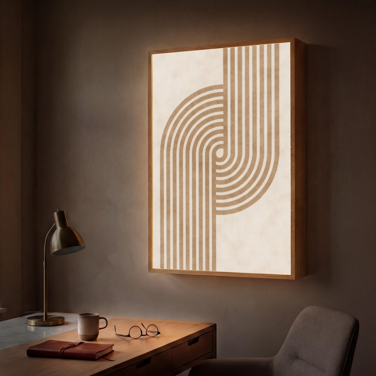 NÁSTĚNNÁ LAMPA S AKUMULÁTOREM Symetrický ohyb - měděná barva 60x90 cm - béžová, kompozitní dřevo (60/90/8cm) - OnlyWow
