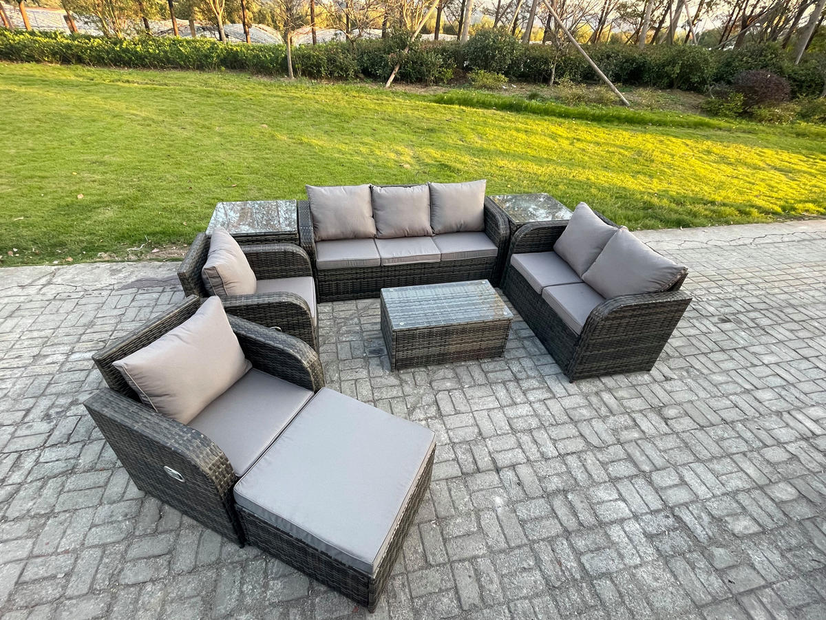 GARTENMÖBELSET mit Couchtisch Polyrattan 8-Sitzer - Dunkelgrau/Grau, Glas/Kunststoff - Fimous