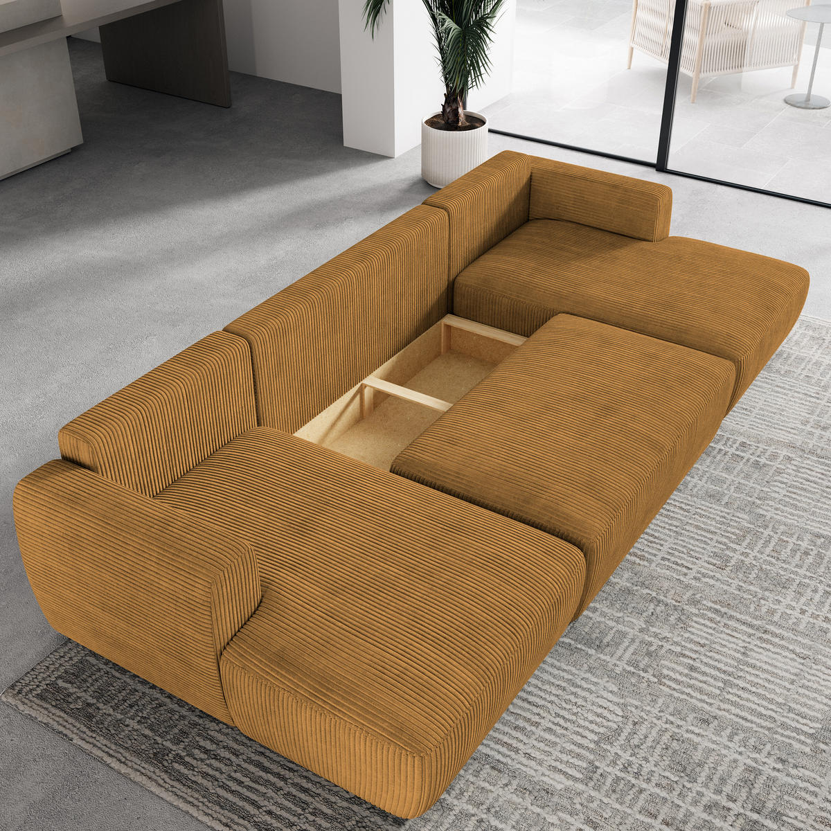 WOHNLANDSCHAFT SENTUM P Gelb Kordstoff mit Schlaffunktion - Gelb, Holz (330/90/148cm) - MASSENO