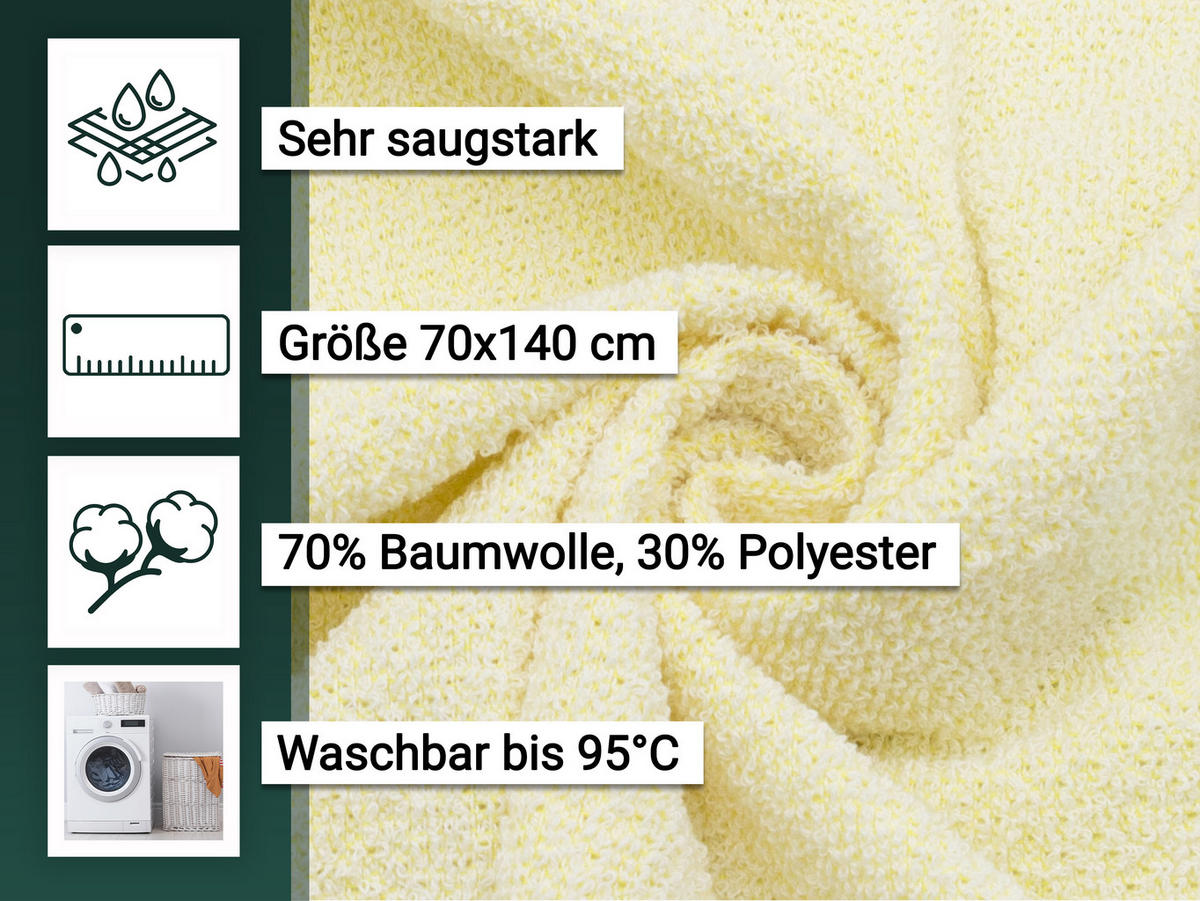 DUSCHTÜCHER, 5er-Set, 70x140 cm, 70% Baumwolle, 30% Polyester, Gelb - Gelb, Textil (70/140cm) - Zollner
