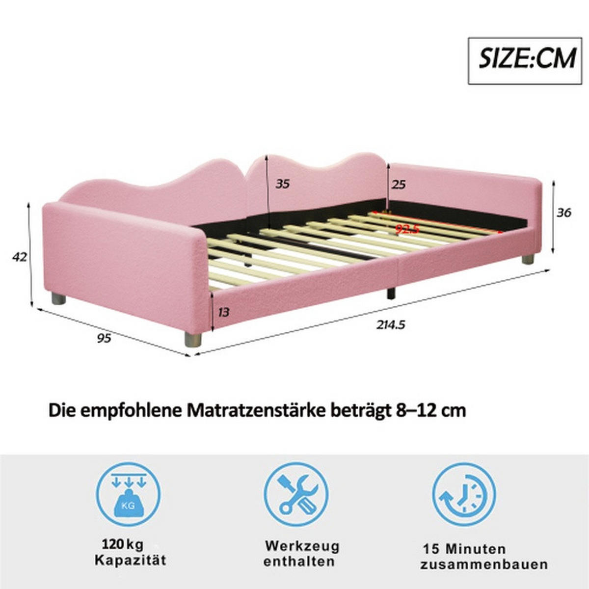 GEPOLSTERTES Kinderbett 90x200cm, Schlafsofa, multifunktionales Bettgestell, weiches Bett mit Rücken- und Armlehnen, Jugendbett, Gästebett - Rosa, Textil