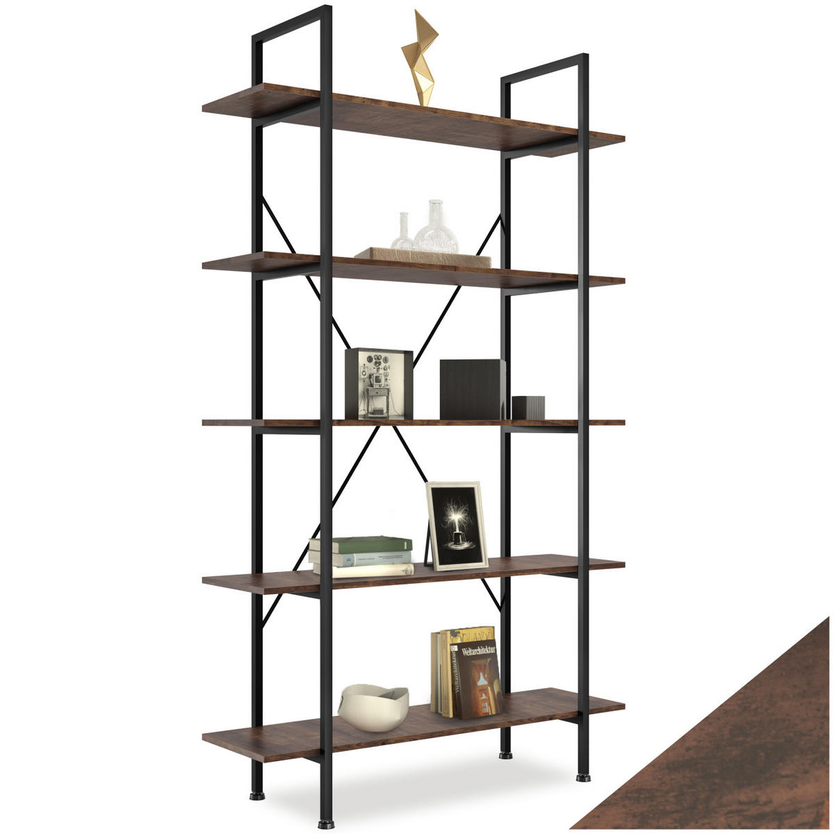 REGAL Glasgow,inklusive Kippschutz, 106 x 34,5 x 179,5 cm,Industrial Holz dunkel, rustikal - Rostfarben, Holz (34.5/179.5/106cm) - tectake