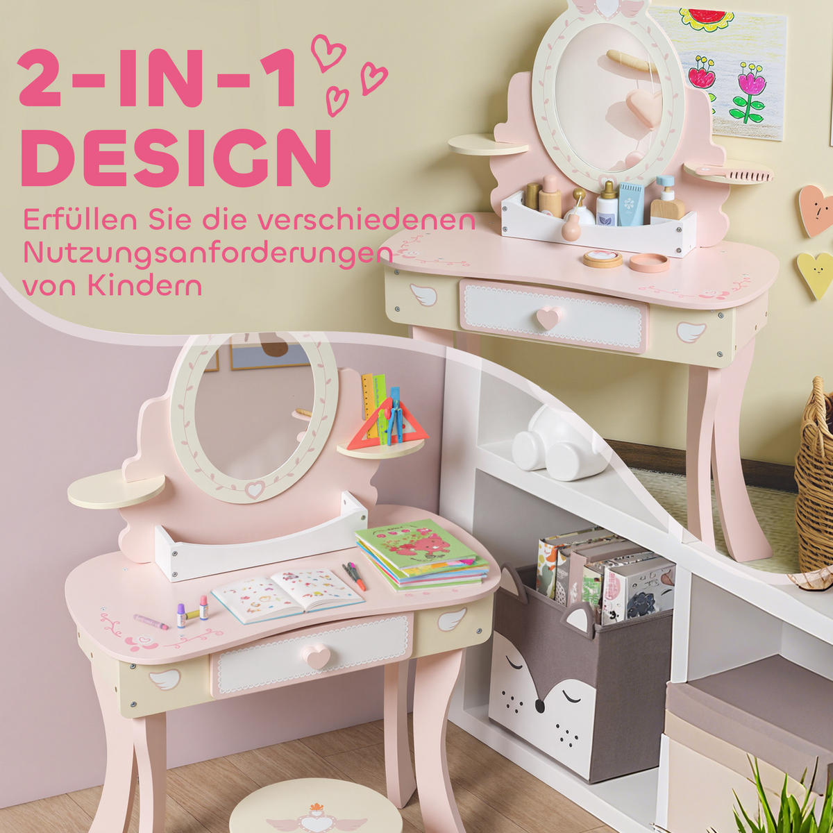 SCHMINKTISCH Kinder, Schminktisch-Set mit Hocker Schublade abnehmbarem Spiegel - Rosa, Holz/Holzwerkstoff (29.6/89.8/59.8cm) - AIYAPLAY