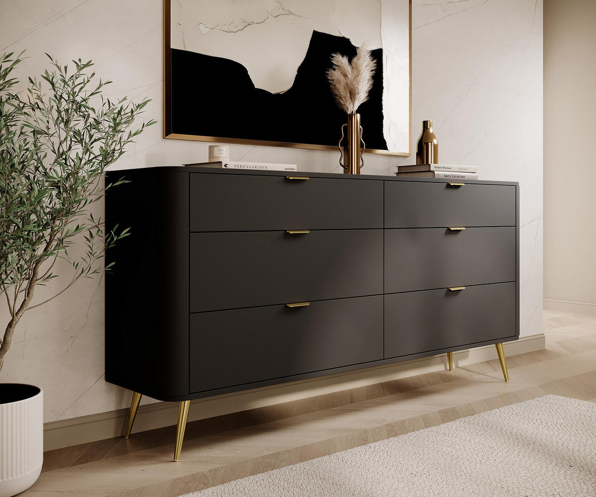 KOMMODE Oval Schwarz 172 cm - Goldfarben/Schwarz, Holzwerkstoff/Metall (172/84/38cm) - Selsey