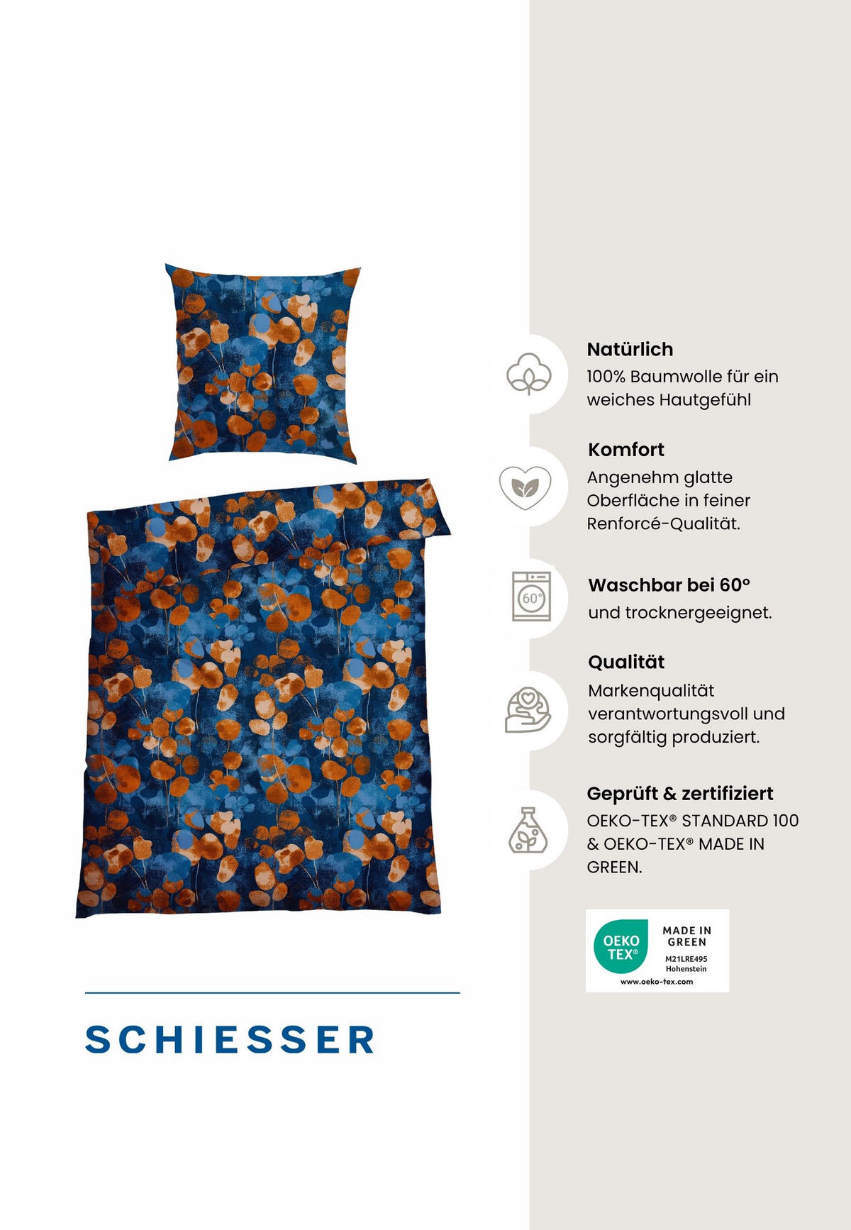 BETTWÄSCHESET Maxima - Renforcé - 2-teilig - 135 x 200 cm - Blau-Rost - Rostfarben, Textil (135/200cm) - SCHIESSER