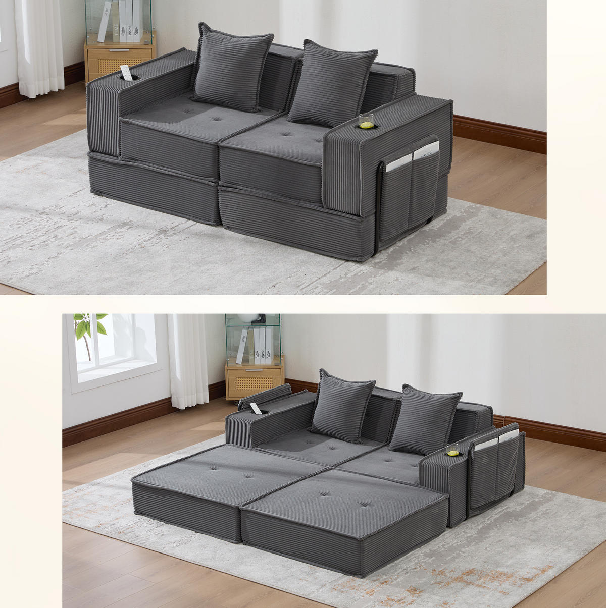 SOFA modular 162 x 78 x 66 cm Corduroy Dark Gray - Dunkelgrau, Kunststoff (78/66/162cm) - Meubliv