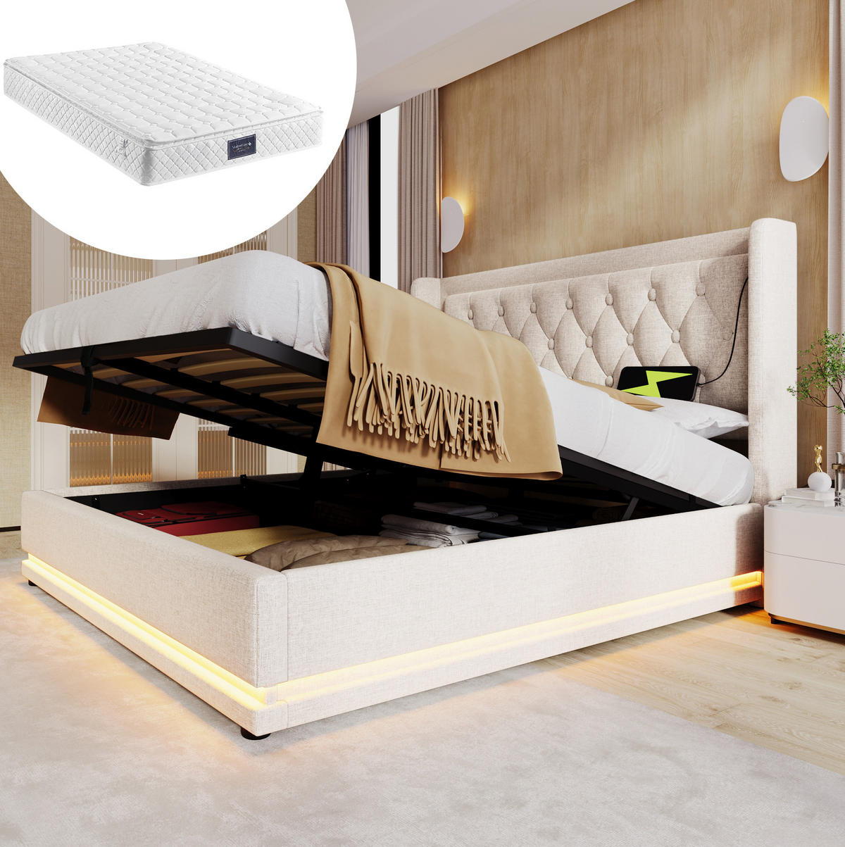 ČALÚNENÁ posteľ z bavlny 160x200 cm béžová s matracom, USB-C, LED osvetlením a hydraulickým úložným priestorom - béžová, textil (160/200cm) - Modfu