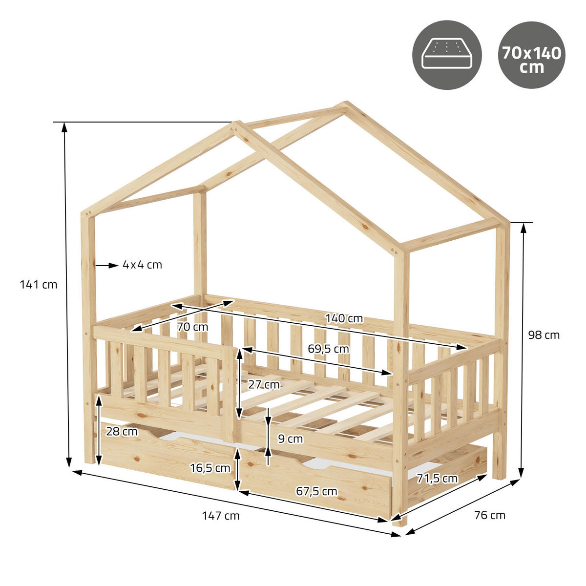 HAUSBETT 70x140 cm Natur aus Kiefernholz mit 2 Schubladen und Rausfallschutz - Beige, Holz (70/140cm) - ML-DESIGN