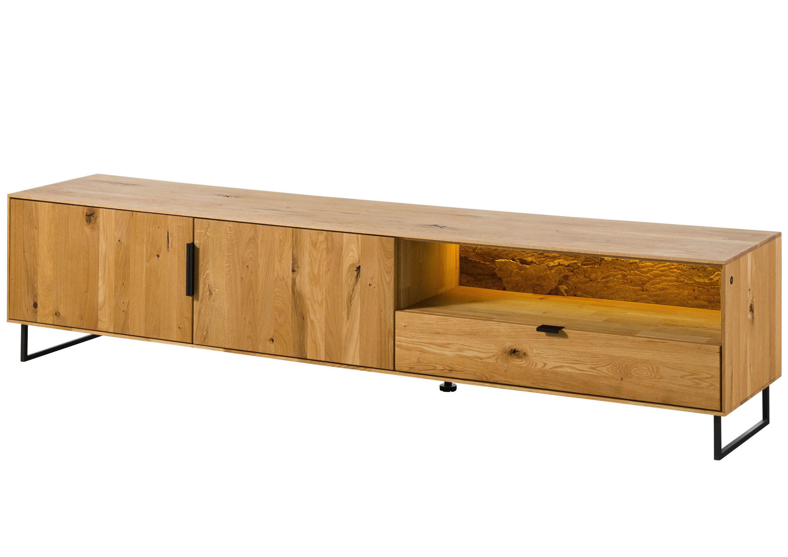 LOWBOARD Wildeiche mit Holztür 220x43x51 natur geölt LINDAU #26 - Naturfarben, Holz (220/51/43cm) - Massivmoebel24