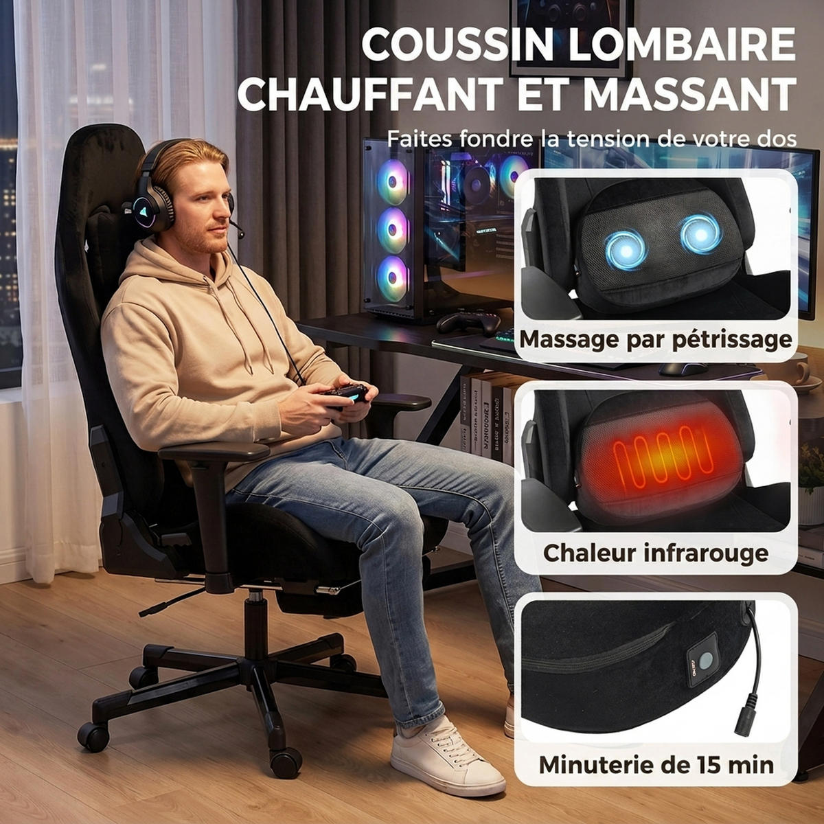 GAMING-STUHL Schwarz 73.0/70.5/137.5 cm - Schwarz, Textil (70.5/137.5/73cm)