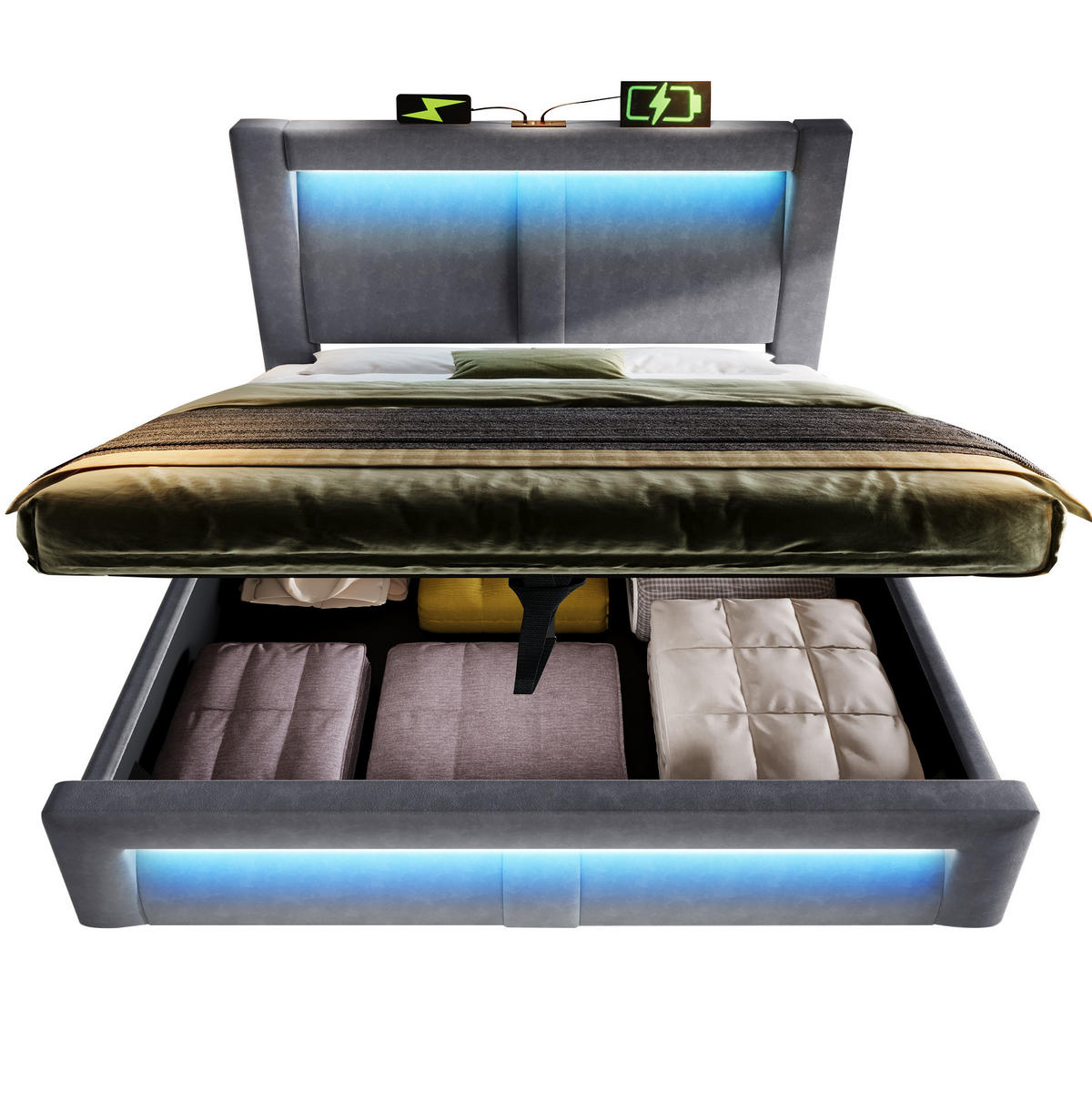 POLSTERBETT 180/200 cm Grau aus Samt mit Stauraum LED und USB-C - Grau, Textil (180/200cm) - OKWISH