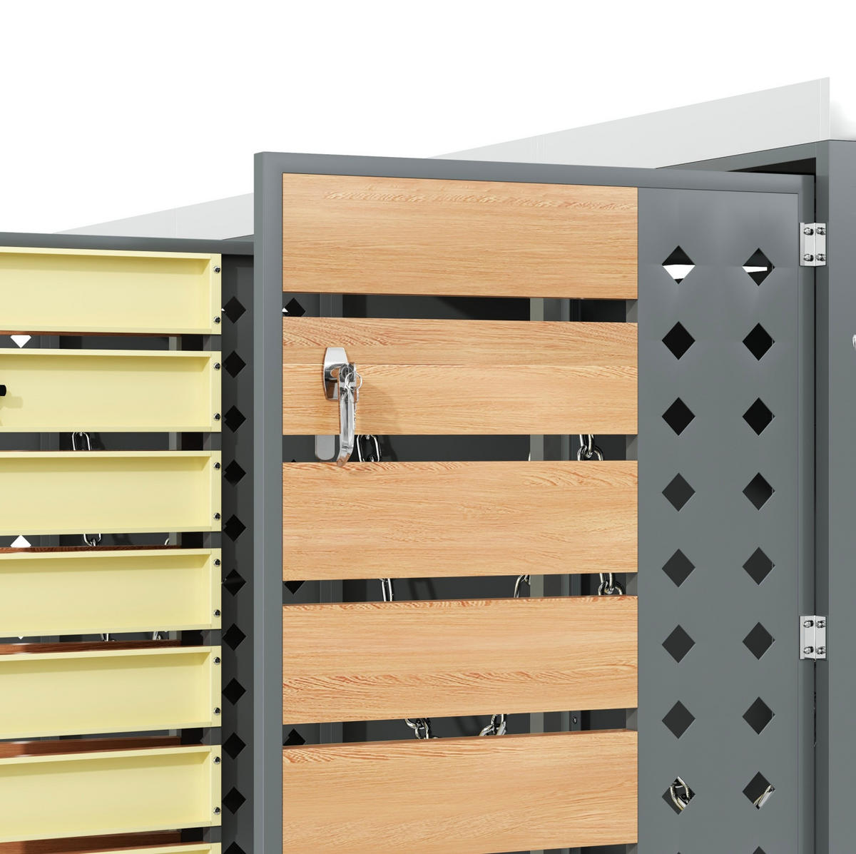 MÜLLTONNENBOX aus verzinktem Stahl in Grau/Holzoptik mit Pflanzkasten & 4 Türen 264x80x124,5 cm - Grau, Metall (264/124.5/80cm) - Modfu