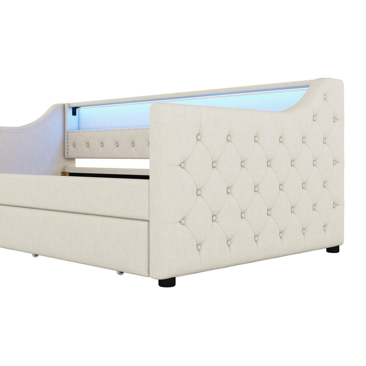 POLSTERBETT 90/200 cm Beige aus Leinen und MDF mit LED-Beleuchtung und 2 Schubladen - Beige, Textil (90/200cm) - OKMYHOME