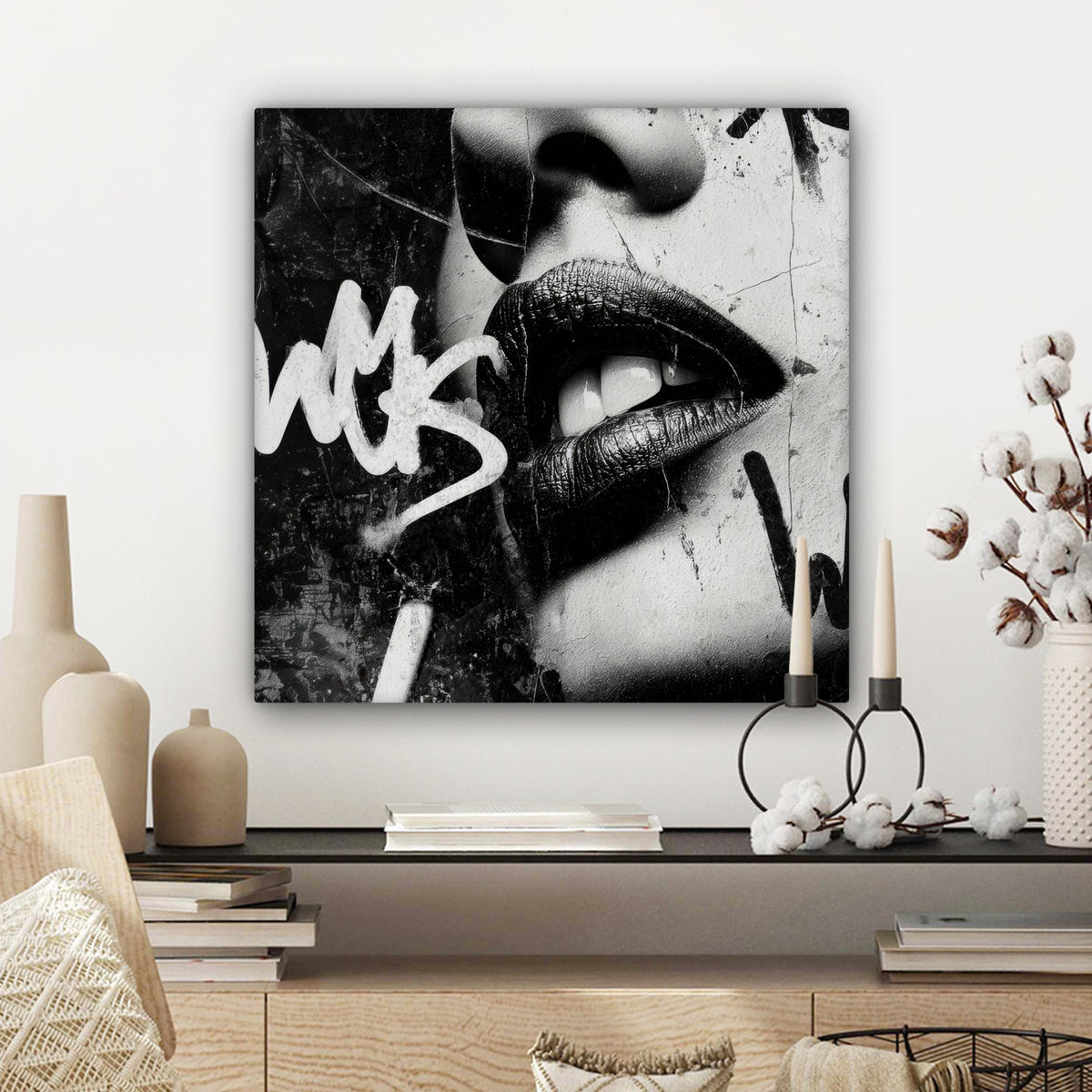 LEINWANDBILD Gesicht - Mund - Graffiti - Schwarz Wandbild Wohnzimmer 50x50 cm - Schwarz, Textil (50/50cm) - MuchoWow