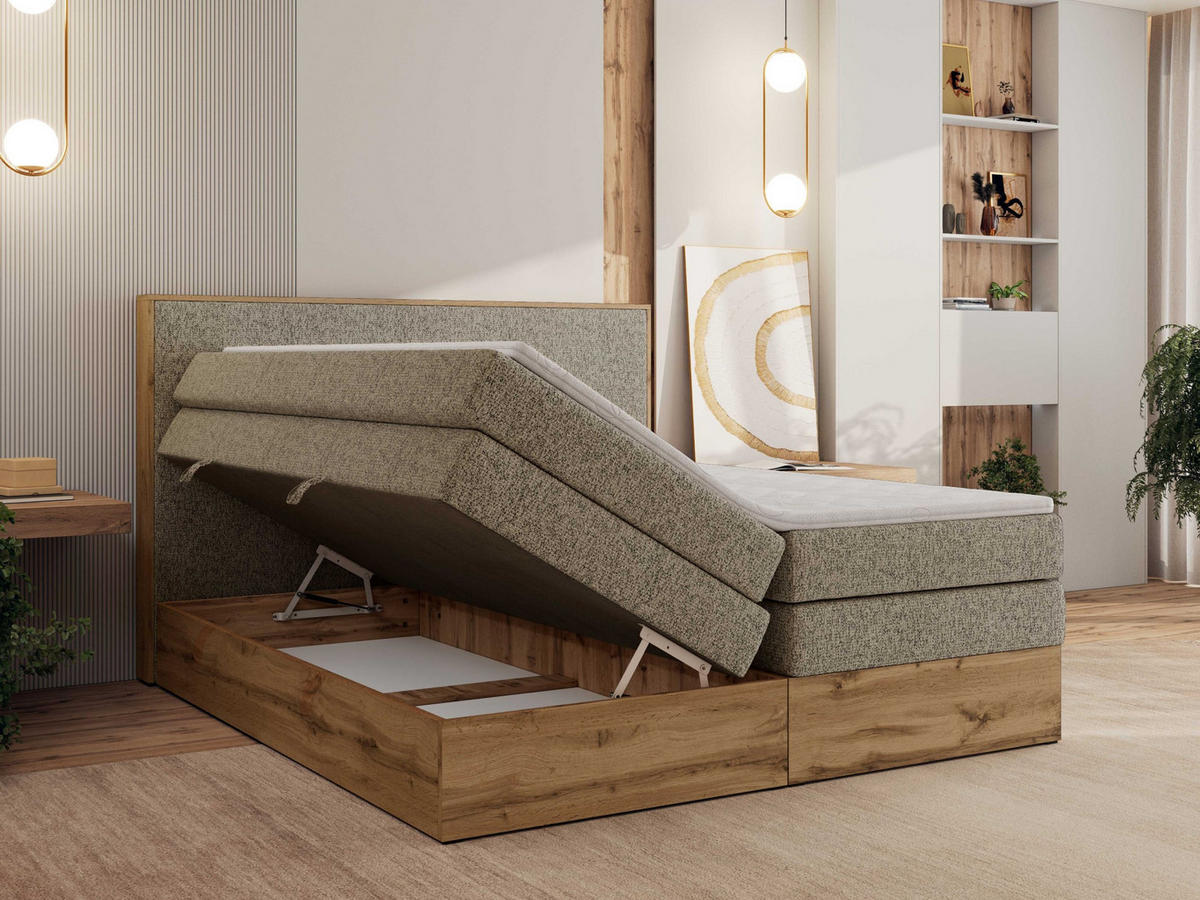 BOXBETT WOOD CLASSIC KING 140/200 - Dunkelbeige Strukture - H4 - Cappuccino, Textil (140/200cm) - MKS