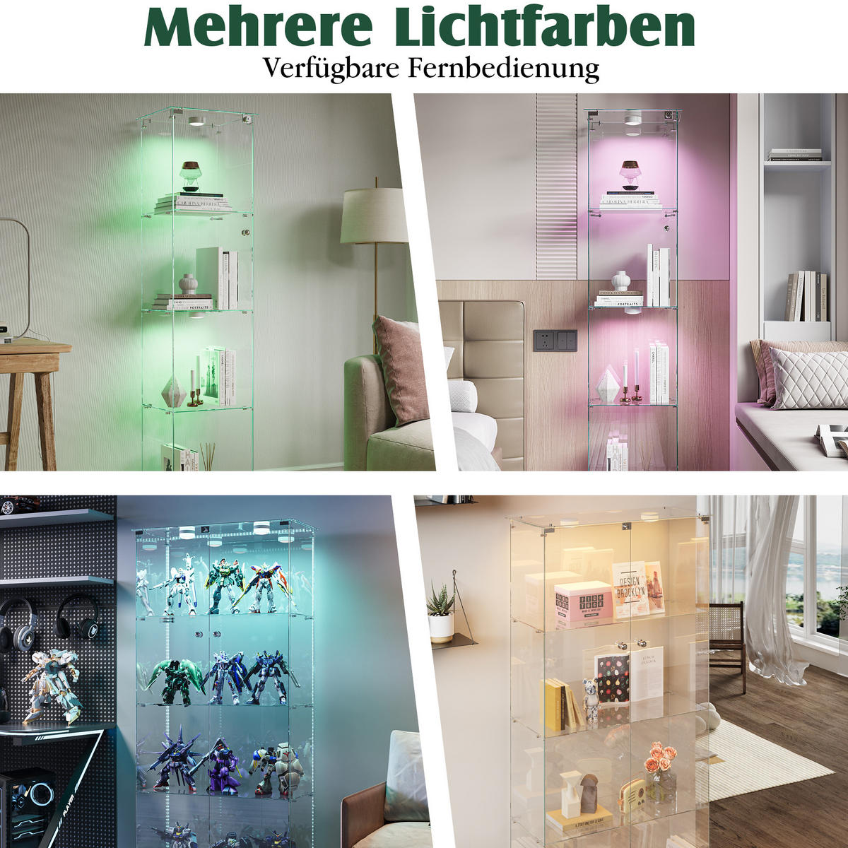 GLASVITRINE, 4 Glasböden, Doppeltür mit Schloss, Touch-LED, weiß - Weiß, Glas (78.5/163/35cm) - BRILVERDE