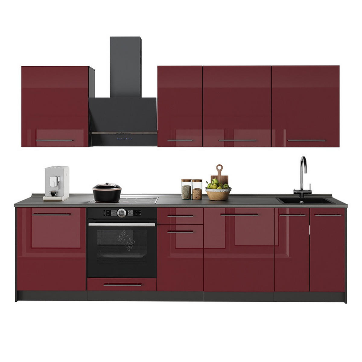 KÜCHENZEILE Fame-Line, Bordeaux Hochglanz/Anthrazit, 280 cm, AP Anthrazit - Bordeaux/Anthrazit, Holzwerkstoff (280/206.8/60cm) - Vicco