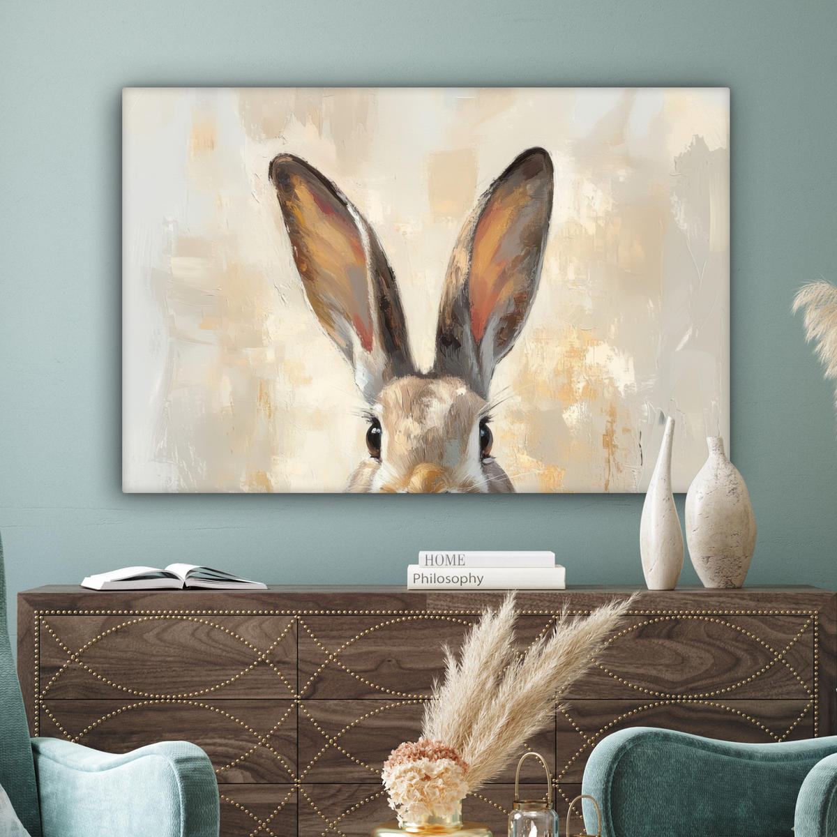 LEINWANDBILD Hase - Ohren - Braun XXL 150x100 cm - Beige, Textil (150/100cm) - MuchoWow