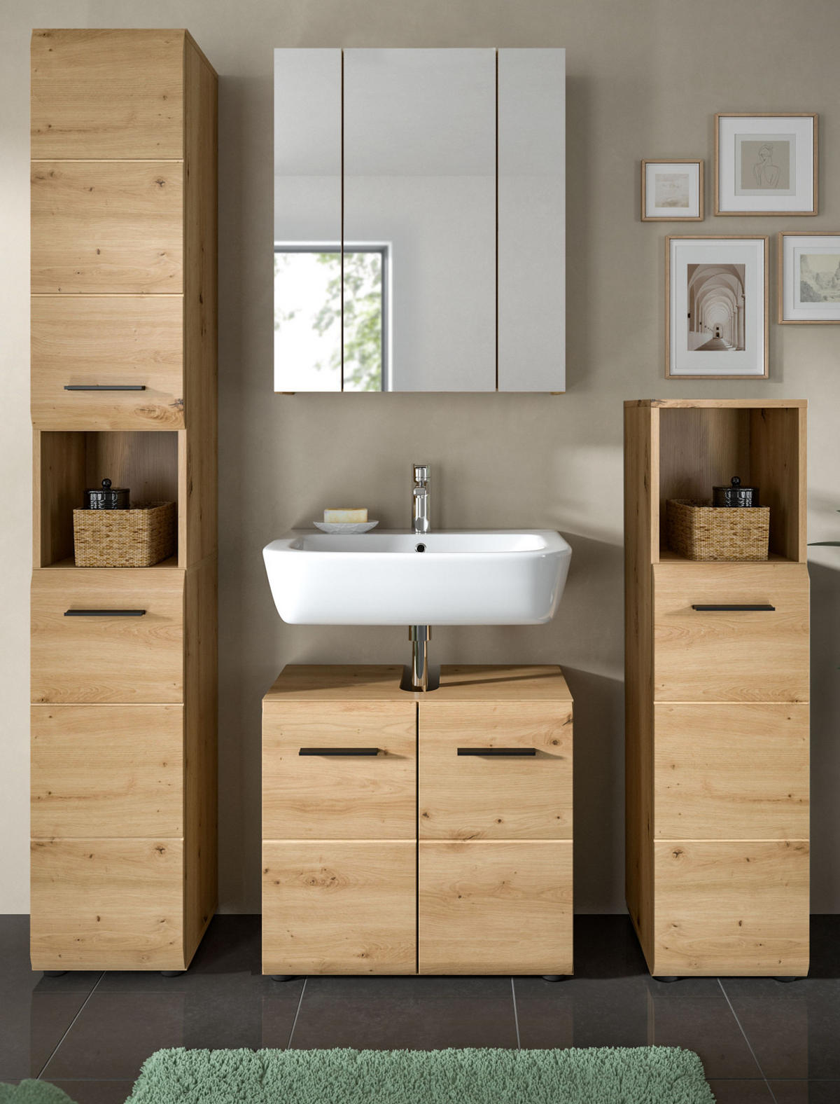 BADMÖBEL-SET 4-teilig in Artisan Eiche, Badkombination 150 x 185 cm, Cover - Schwarz/Eiche Artisan, Glas/Holzwerkstoff (150/185/30cm) - Inn.Furn