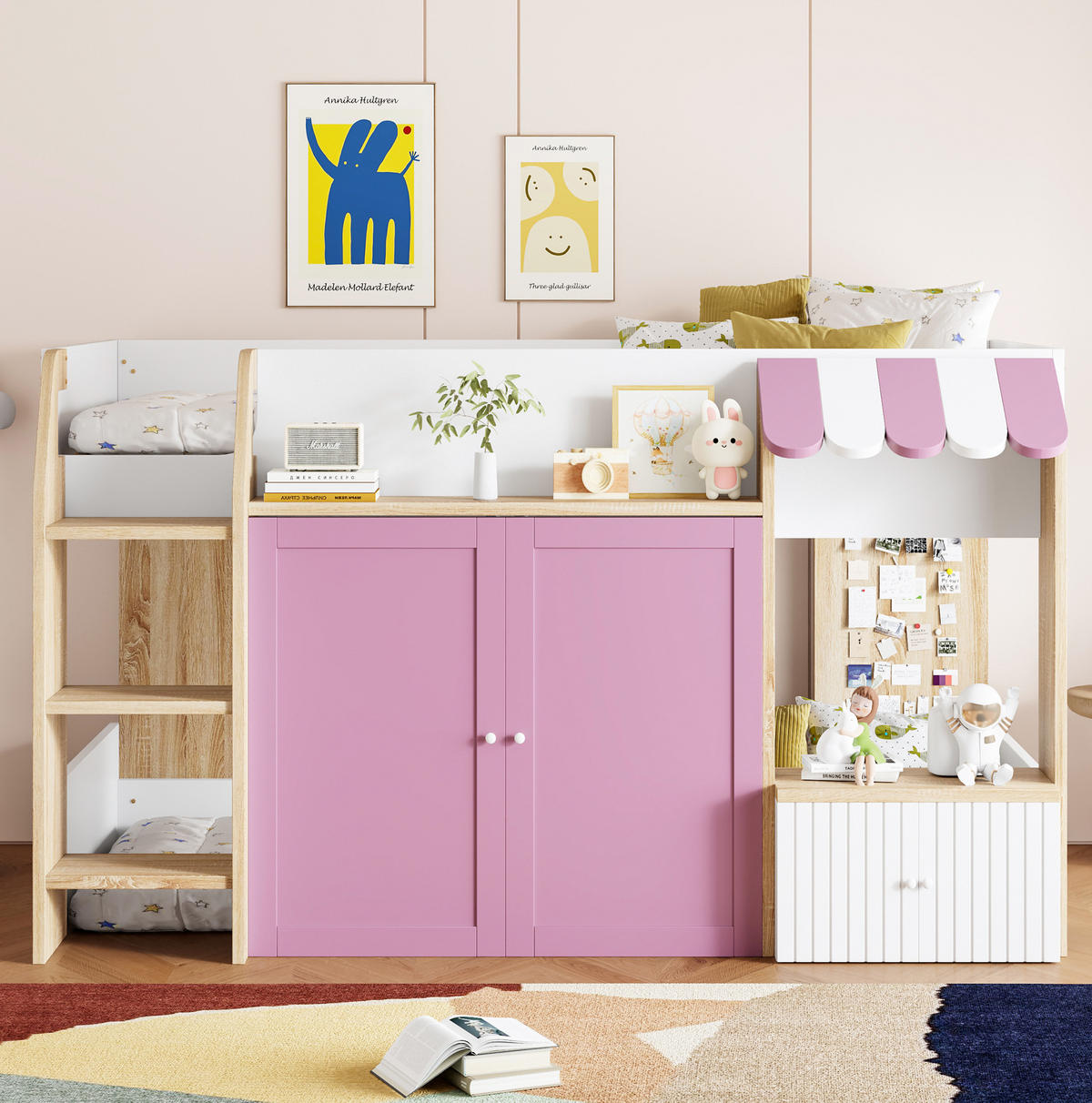 HOCHBETT aus Holz 90x200 cm in Rosa mit Leiter & Stauraum - Rosa, Holzwerkstoff (90/200cm) - Modfu
