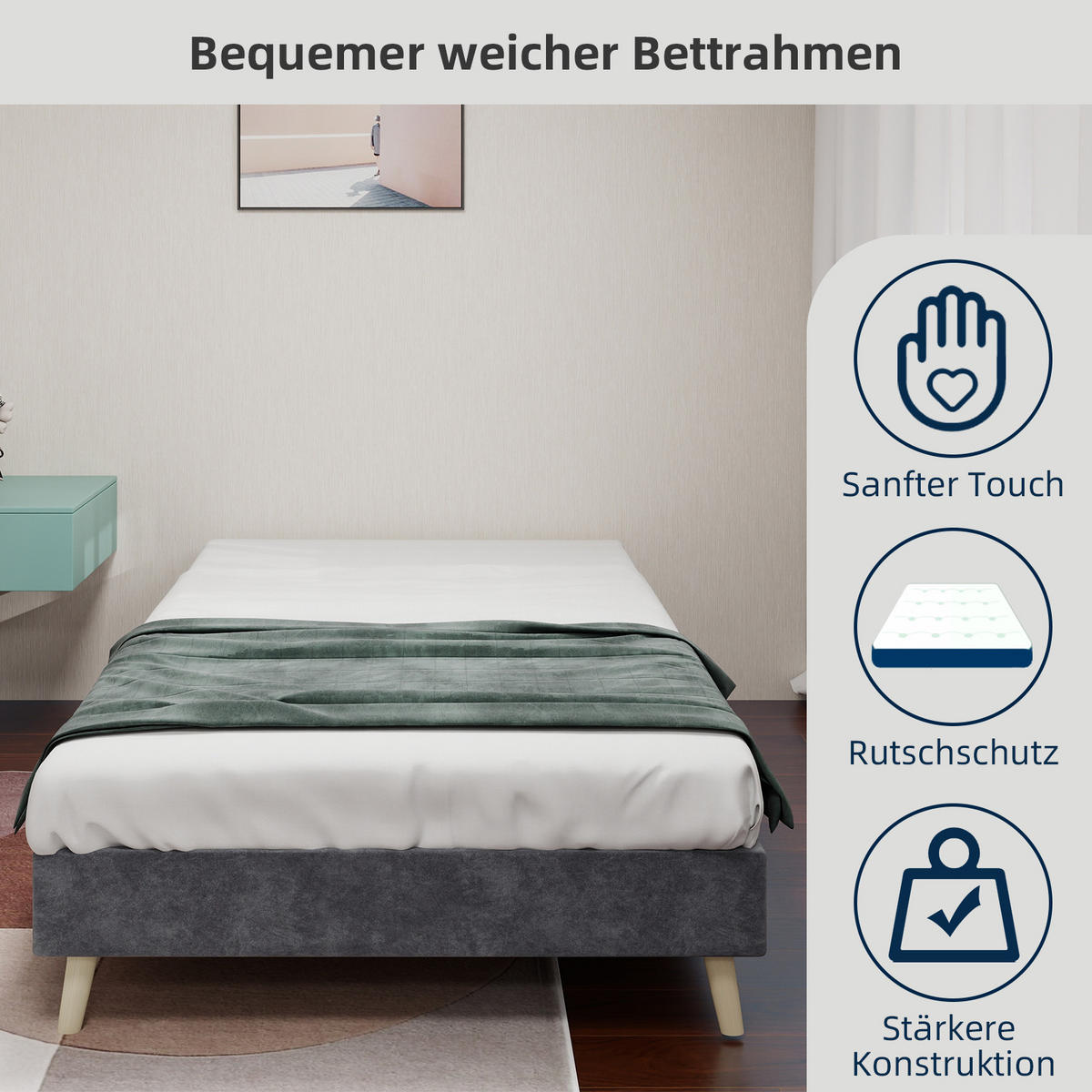 BETT 90/200 cm in Grau Stoff - Grau, Holzwerkstoff/Textil (90/200cm) - WISHDOR