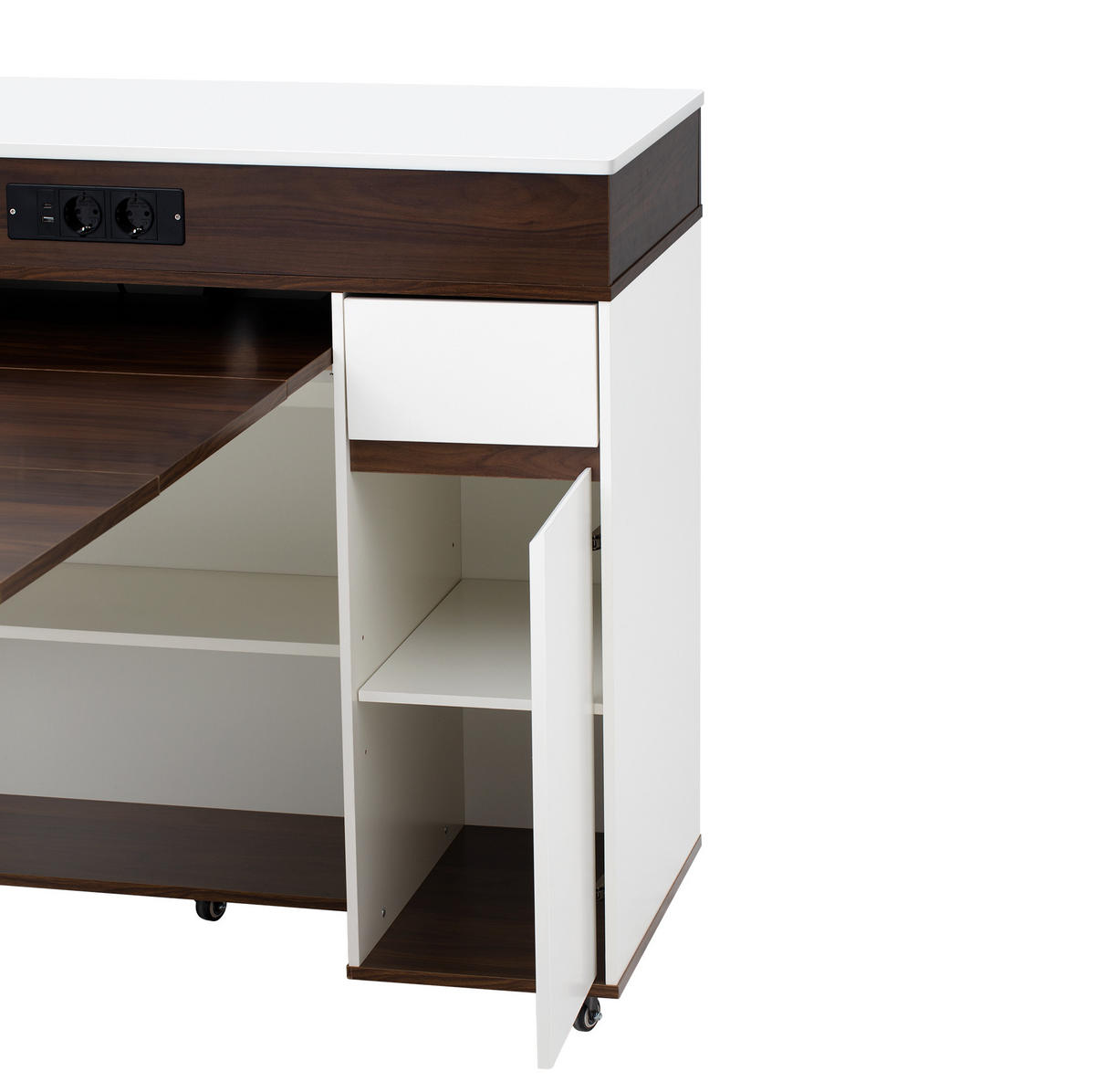KÜCHENINSEL 50,5-187,5/110,5/95,5 cm Weiß/Walnussfarben aus MDF mit ausziehbarer Tischplatte - Walnussfarben, Holzwerkstoff (50.5/95.5/110.5cm) - OKMYHOME