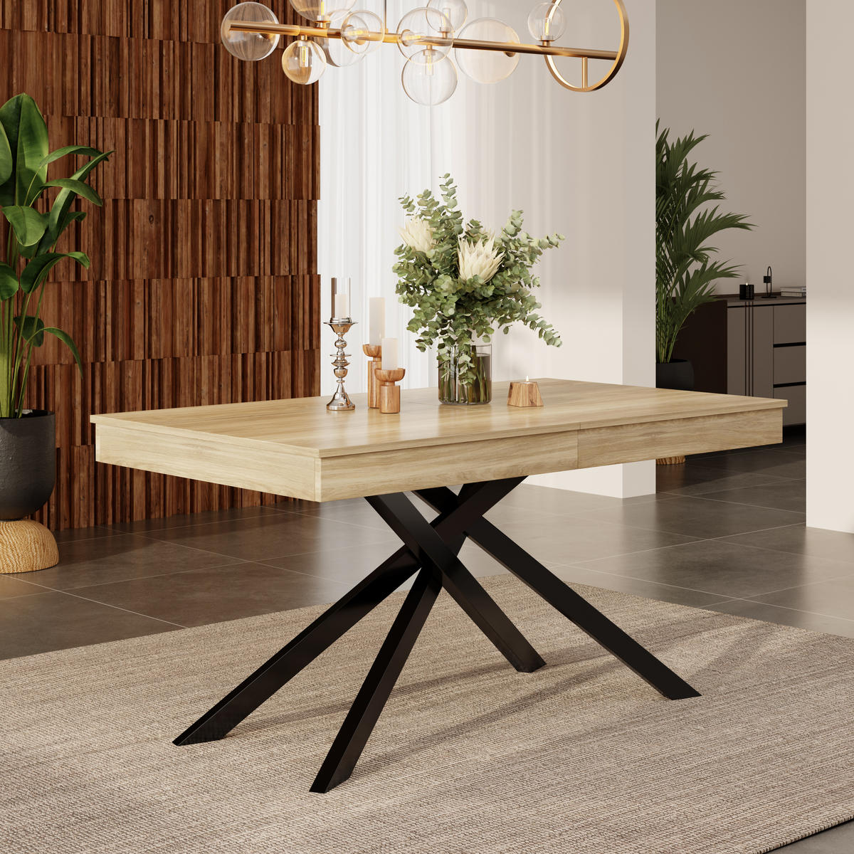 ESSTISCH in Eiche ausziehbarer Küchentisch mit verdickter Tischplatte und Metallbeinen für Esszimmer ,B140-180/T80/H76cm - Eichefarben/Schwarz, Holzwerkstoff/Metall (80/180/76cm) - STILVORA