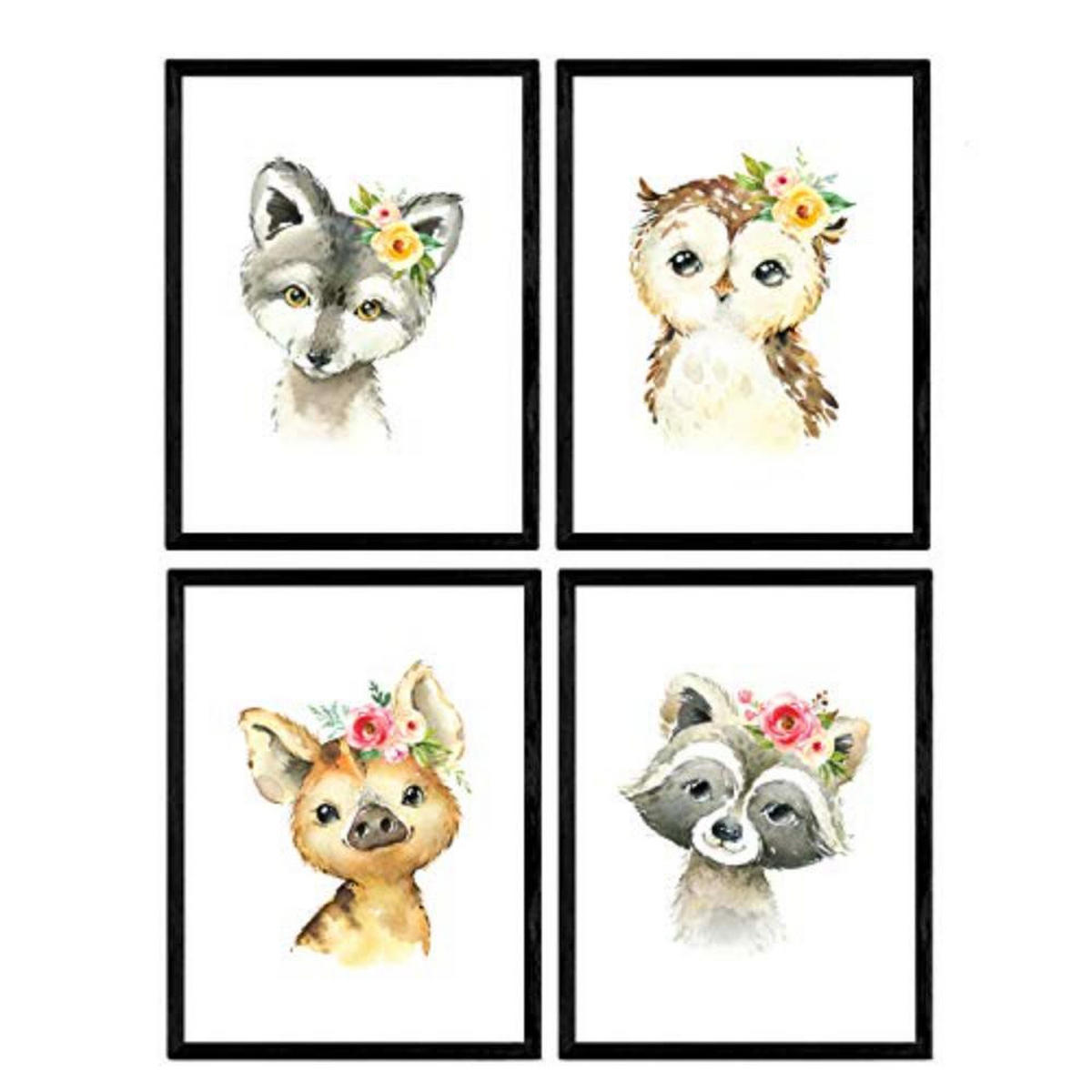 POSTER Set mit 4 Hyena Stinktier Eule Fuchs A4 Rahmenlos - Klar, Papier (29.7/3cm) - Nacnic