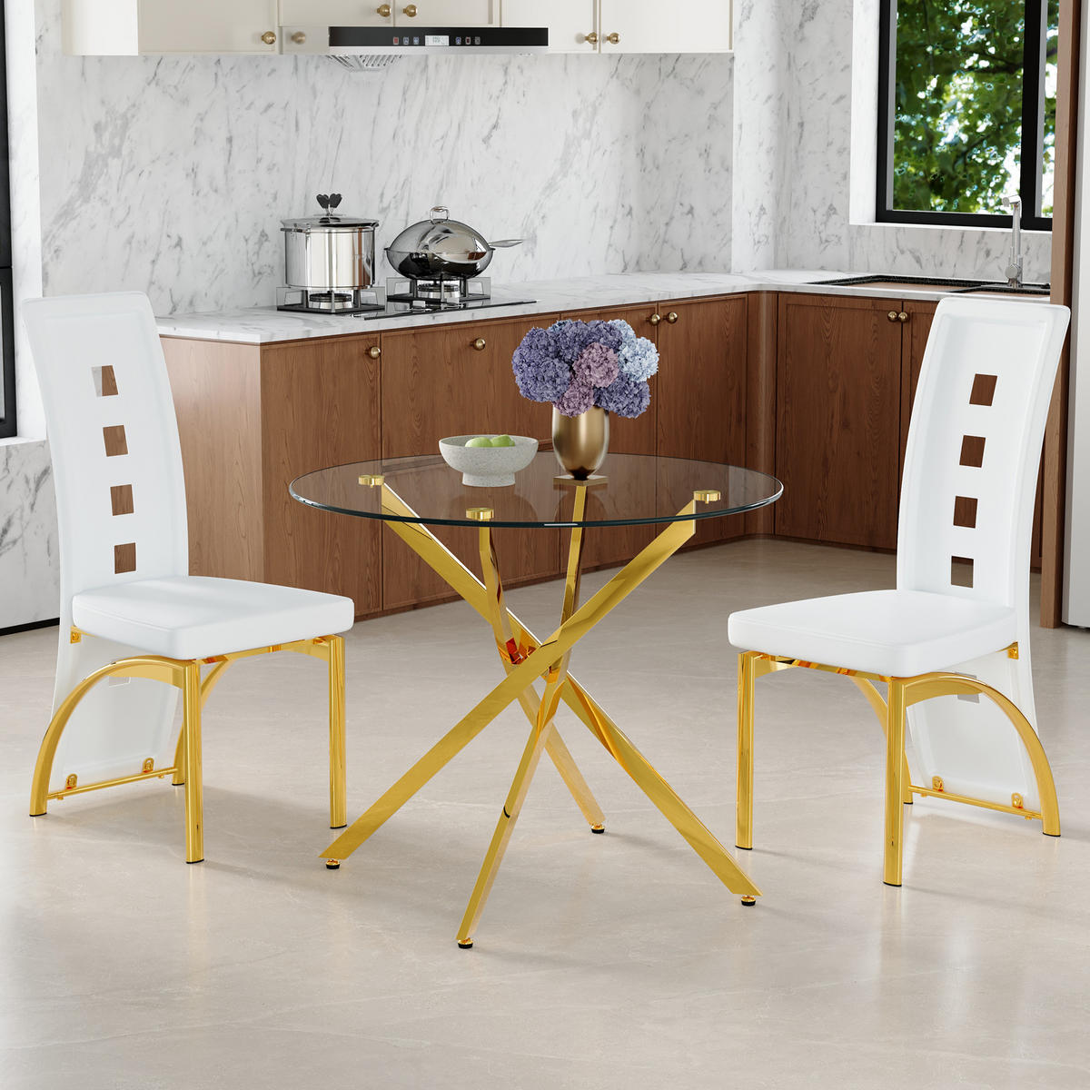 ESSGRUPPE DE-39452 3-teilig, Glastisch und 2 Stühlen mit Lochmuster Weiß/Gold - Goldfarben/Weiß, Metall (88/75/88cm) - ComfortXL