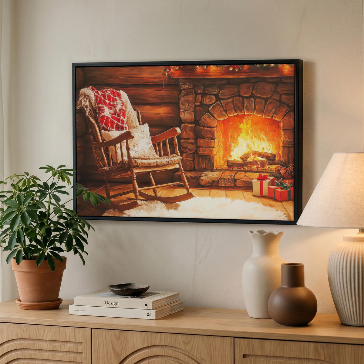 LEINWAND Bilder mit Rahmen - Winter - Weihnachten - Zuhause - Kamin - 60x40 - Bernsteinfarben, Textil (60/40cm) - MuchoWow
