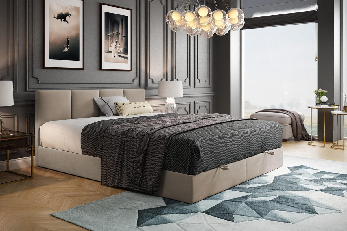 BOXBETT mit Bettkasten und Bonellmatratze - ROYAL - Elegant Bett mit Topper - 140x200 cm - Beige - Beige, Holzwerkstoff/Kunststoff (140/200cm) - Trada