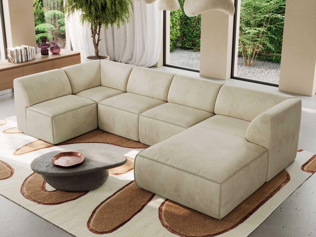 WOHNLANDSCHAFT MODARO U 5M - Beige Velvet - Rechts - Beige/Schwarz, Textil (345/78/180cm) - MKS