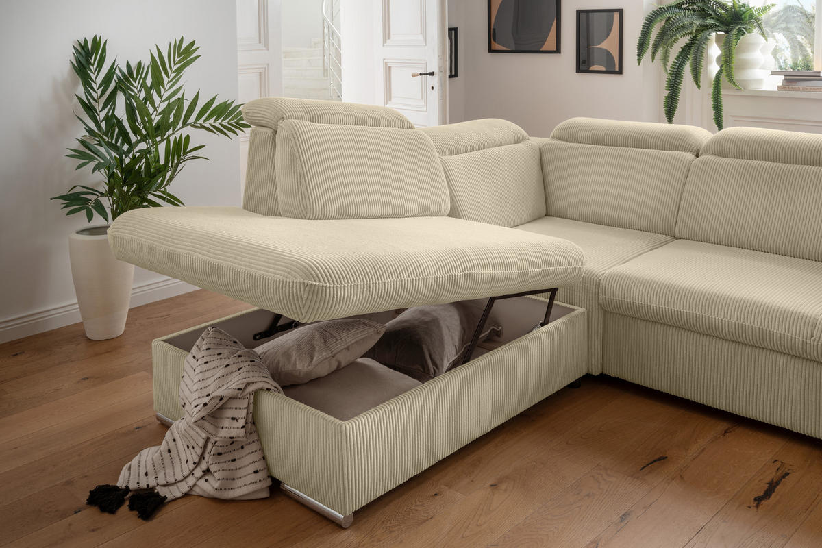 ECKSOFA mit Schlaffunktion, Bettkasten, Kopfstützen verstellbar, Wellenunterfederung, Ottomane links B283/T228/H102 cm, Cord Beige Grau / 17218 - Chromfarben/Greige, Textil/Metall (283/228cm) - luma-home