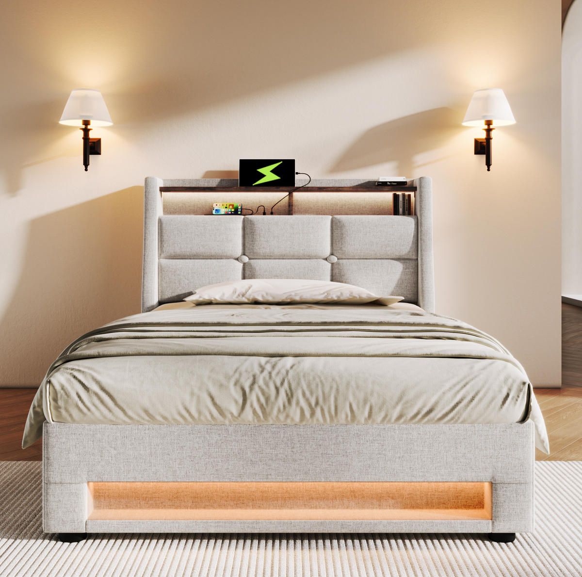 BETT mit USB und LED 90x200 cm Beige inkl. Matratze - Beige, Metall (90/200cm) - Meubliv